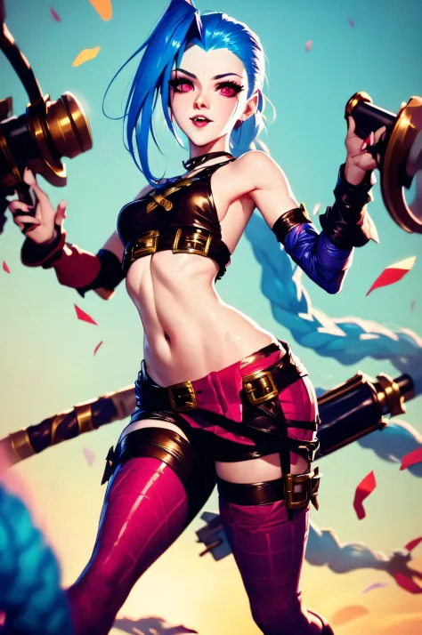 (Jinx,League of Legends heroes),best quality, official art, 8k wallpaper, highly detailed, illustration, detailed eyes, pretty j...
