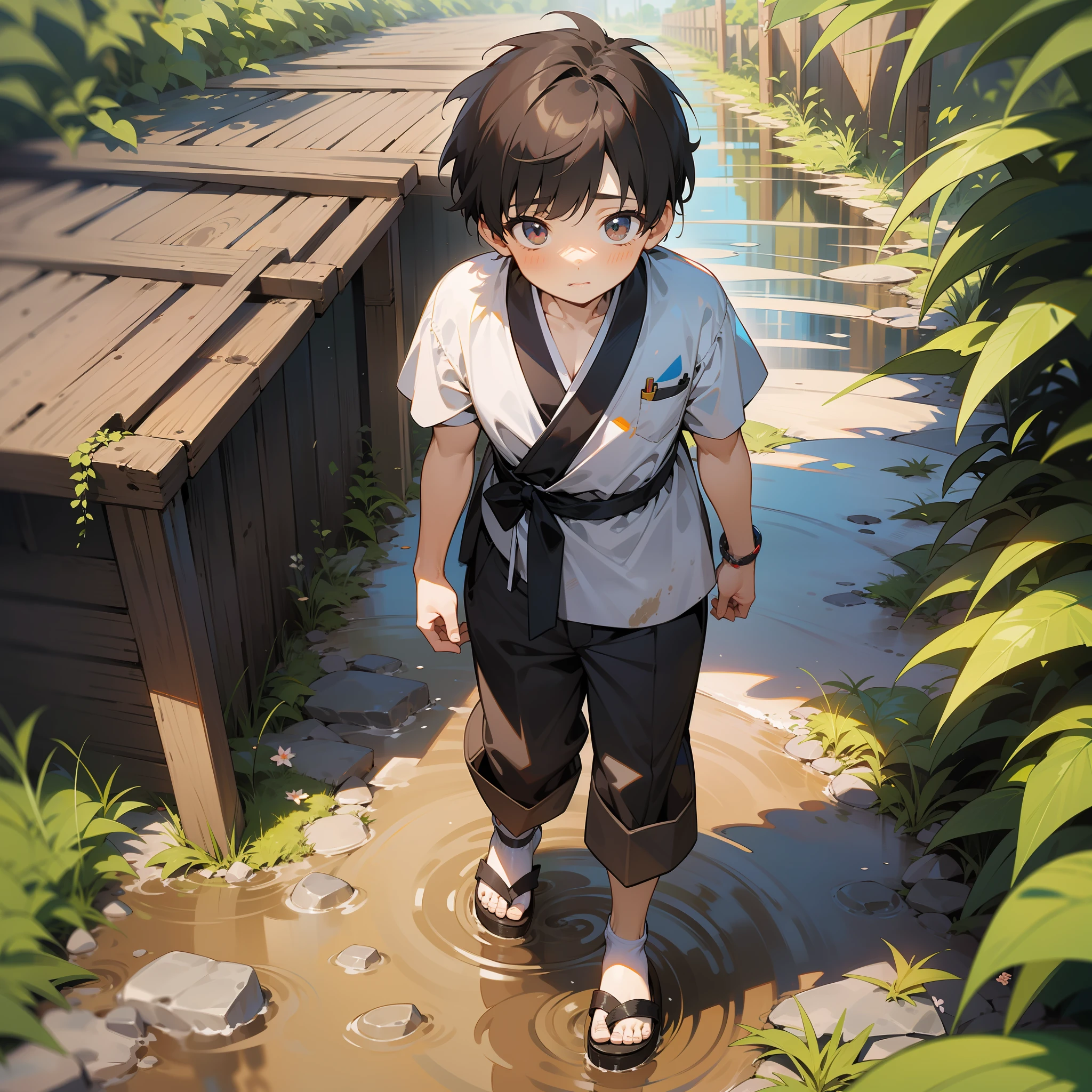 A 6-year-old boy walks in the mud，Shota，slightly fat big breasts，White top，Messy bangs，Shota，sandals，sludgy，Dirty，footprints。and the sun was shining brightly，quadratic element，A high resolution，Best Masterpiece，Be red in the face，Japan 2D