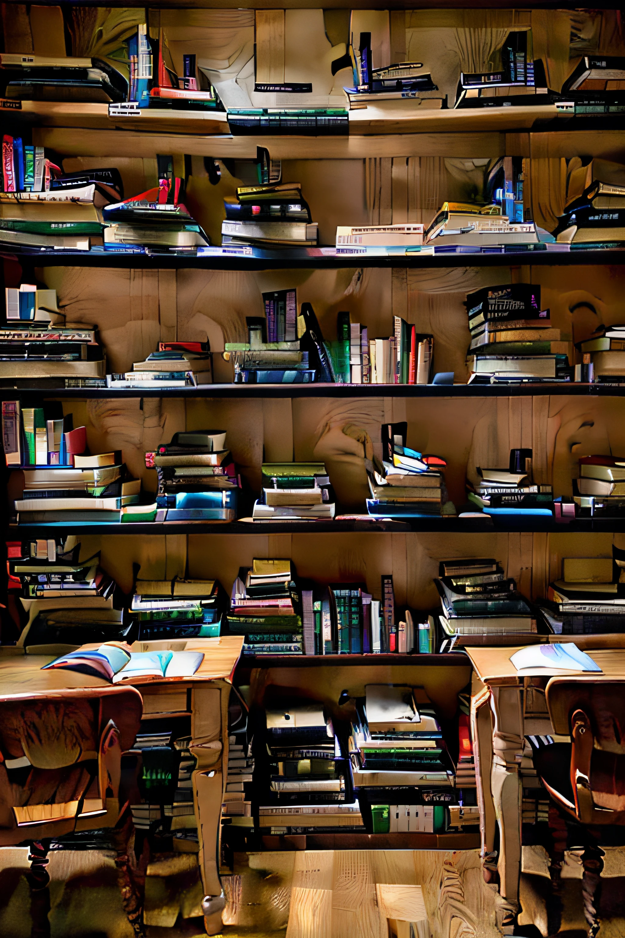 In front of a wall of books there are two tables and two chairs, Shelves full of tomes, books all over the place, Wooden table with books, book stack, bookshelves, Piles of books, library background, Spiral bookshelves full of books, book library studying, bookshelves, tilt shift library background, Inside the library, Library books