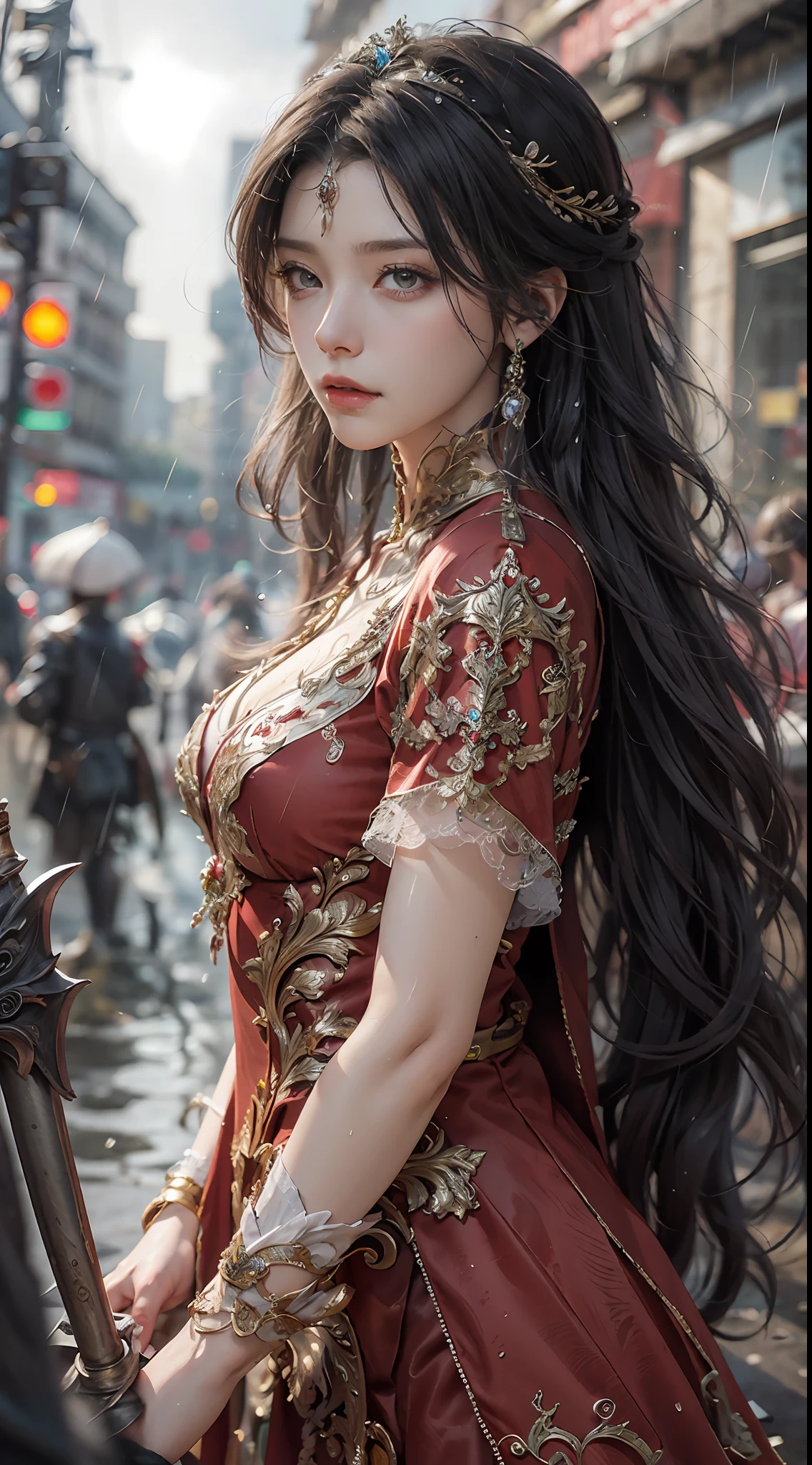 a woman in a red dress, realistic Art Station, hard raining scene, Detailed Fantasy Art, Stunning Character Art, beautiful Exquisite Character Art, Beautiful black Armor, Extremely Detailed, red armor Girl, Exquisite Intricate Headdress and Jewelry, whole body capture