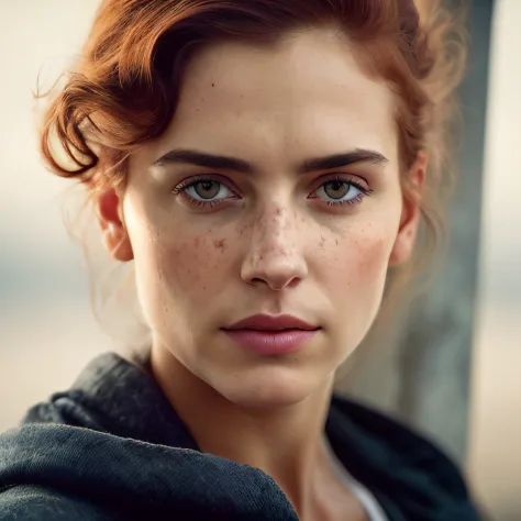 High detail RAW color closeup pale beautiful 20 year old woman（（（Amused beautifully，Redheads are slim）Angular face，femminine，largeeyes）），（（wearing rags，corrupted））cloaks，realisticlying，对称，highly  detailed，Harsh lighting，cinmatic lighting，Artgerm and the ar...
