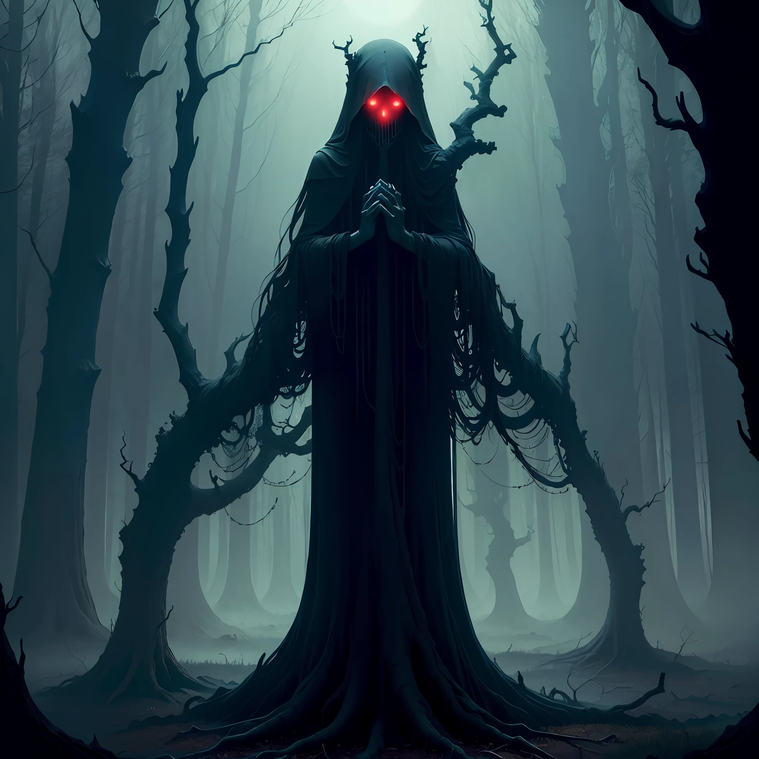 A haunting forest at dusk, whe - SeaArt AI