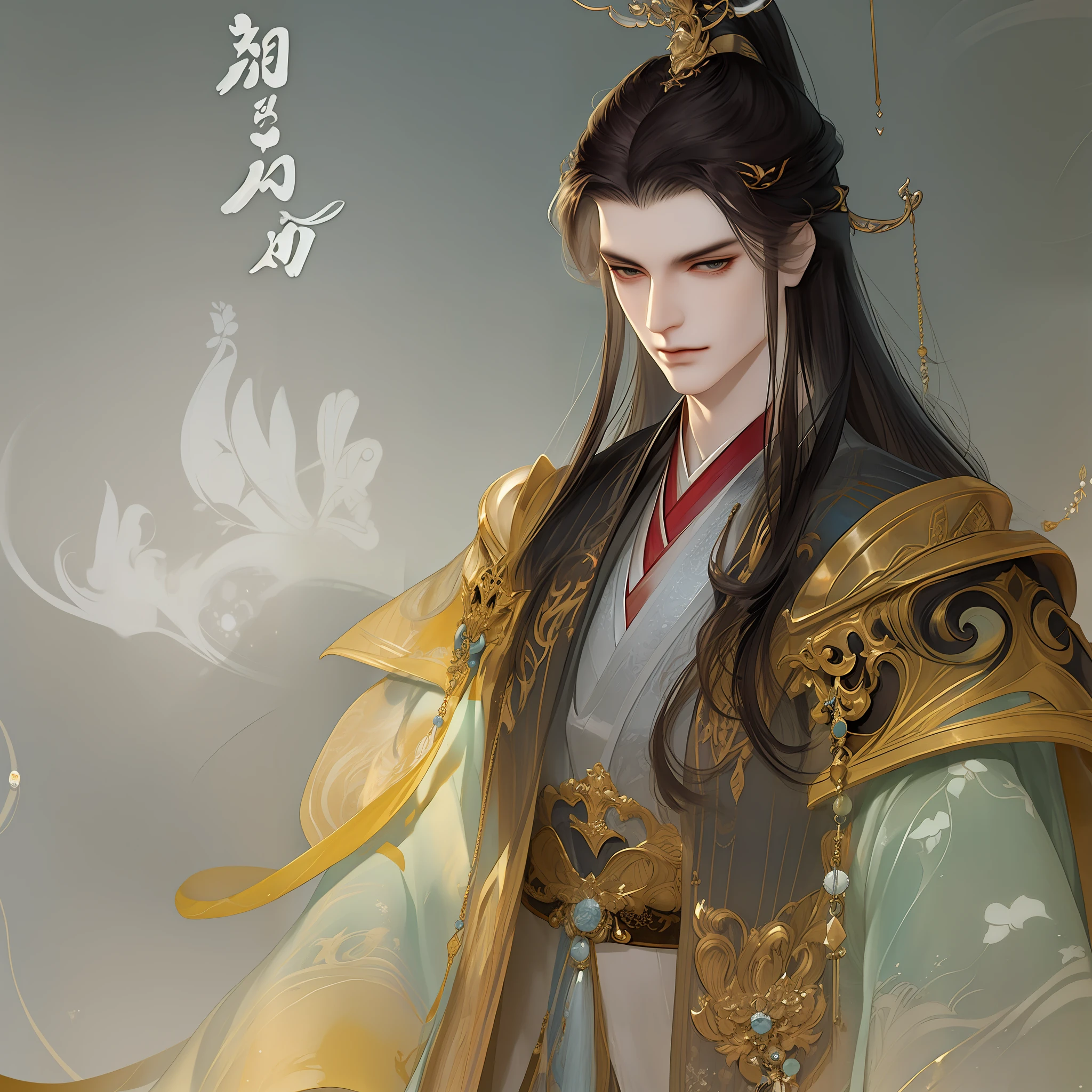 best qualtiy，tmasterpiece，highly detailed wallpaper，1 handsome man、pretty eyes，Character standing drawing，malefocus，brunette color hair，long whitr hair，Kingly temperament，Detailed face，gorgeous hair accessory，looking at viewert，Hanfu，Ultra-high resolution，sketching，ink wash style