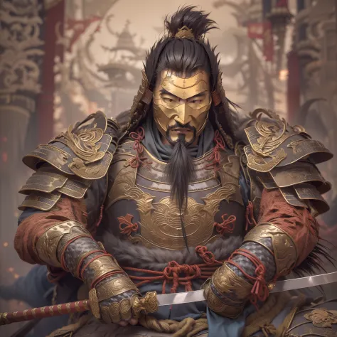 Asian warrior, mature man, beard, hair in a bun, thin face, Asian armor, Back weapon: great sword, tiger decorative necklace, ch...