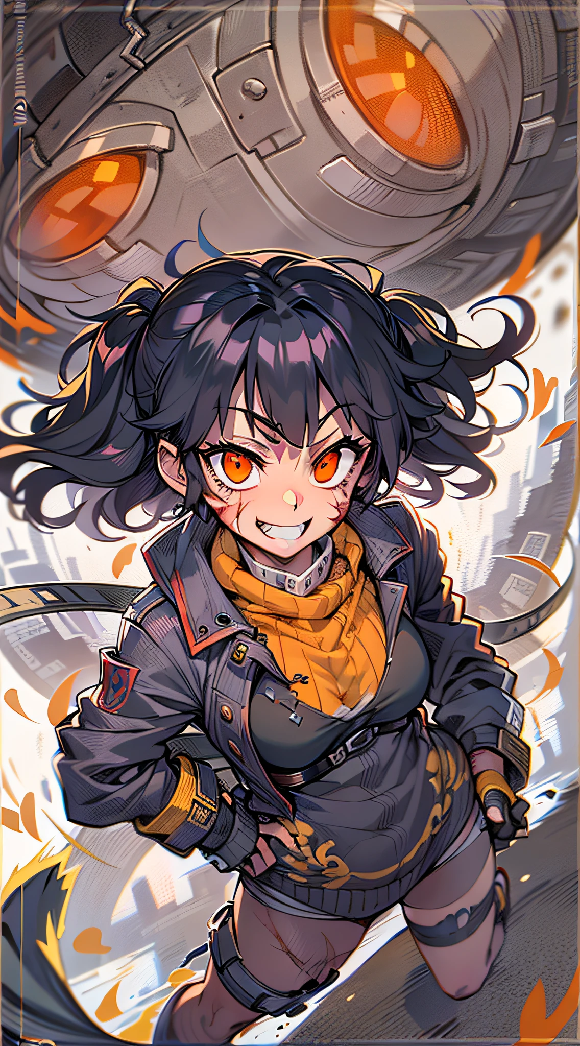 Best Quality, super detailed illustration, A  girl, (Crazy orange eyes:1.2),(wide eyes:1.2), (short disheveled black hair:1.2),(crazy smile:1.2) ,(Scars:1.2), combat pose, the perfect body