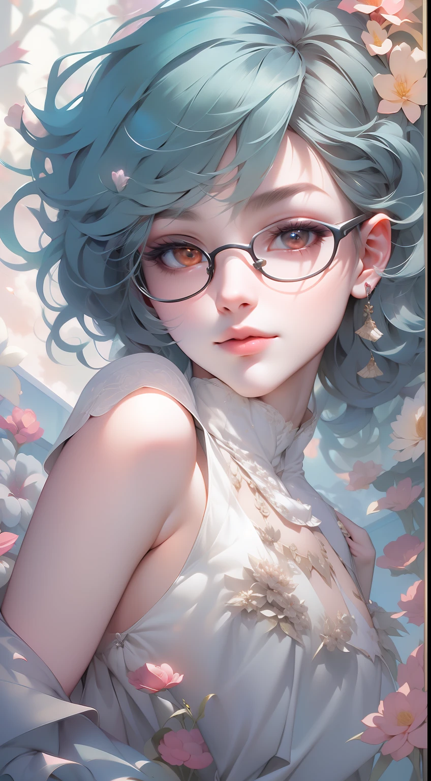 drawing of a woman with blue green color parted shoulder length hair no front bang and having glasses with flowers in her hair,korean art nouveau anime, beautiful anime artwork, artgerm and james jean, anime art nouveau, beautiful anime art, the flower prince, a beautiful artwork illustration, detailed anime character art, digital art on pixiv, anime fantasy illustration, detailed digital anime art, beautiful fantasy anime, clean detailed anime art, 2 d anime style, decora inspired illustrations, inspired by Yumihiko Amano, anime girl with teal hair, anime style portrait, beautiful anime art style, portrait of jinx from arcane, manga art style, anime style illustration, anime art style, extremely fine ink lineart, black and white manga style, black and white line art, ink manga drawing, intense line art, pencil and ink manga drawing, intense black line art, in style of manga, exquisite line art, perfect lineart,exquisite line art, exquisite digital illustration, detailed digital drawing, black and white coloring, digital anime illustration, a beautiful artwork illustration, detailed matte fantasy portrait, beautiful,(Daylight,autumn, Best quality, 8k, Masterpiece :1.3)), Whole body, Long legs, Sharp focus :1.2, A pretty woman with perfect figure wearing smart haute couture dress :1.4, Slender abs :1.1, ((Dark brown hair, small breasts :1.2)), (White tight tshirt, Jean bib, Standing:1.2), ((Night city view, Rooftop:1.3)), Highly detailed face and skin texture, Detailed eyes, Double eyelid,( watercolor \(medium\), IrisCompiet:1.2),abstract background, fantasy, many colors, wind blowing,masterpiece, best quality, (extremely detailed CG unity 8k wallpaper), (best quality), (best illustration), (best shadow), absurdres, realistic lighting, (Abyss), beautiful detailed glow,clear face, clean white background, masterpiece, super detail, epic composition, ultra HD, high quality, extremely detailed, official art, uniform 8k wallpaper, super detail, 32k -- v 6
