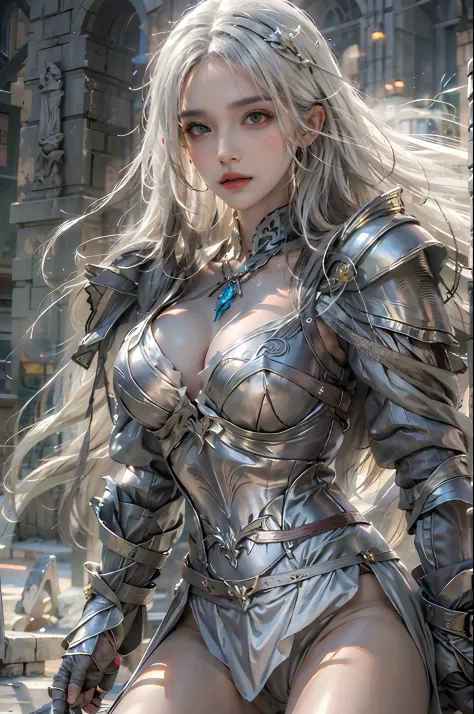 photorealistic, high resolution, 1 girl, hips up, white long hair, beautiful eyes, normal breast, dark souls style, knight armor
