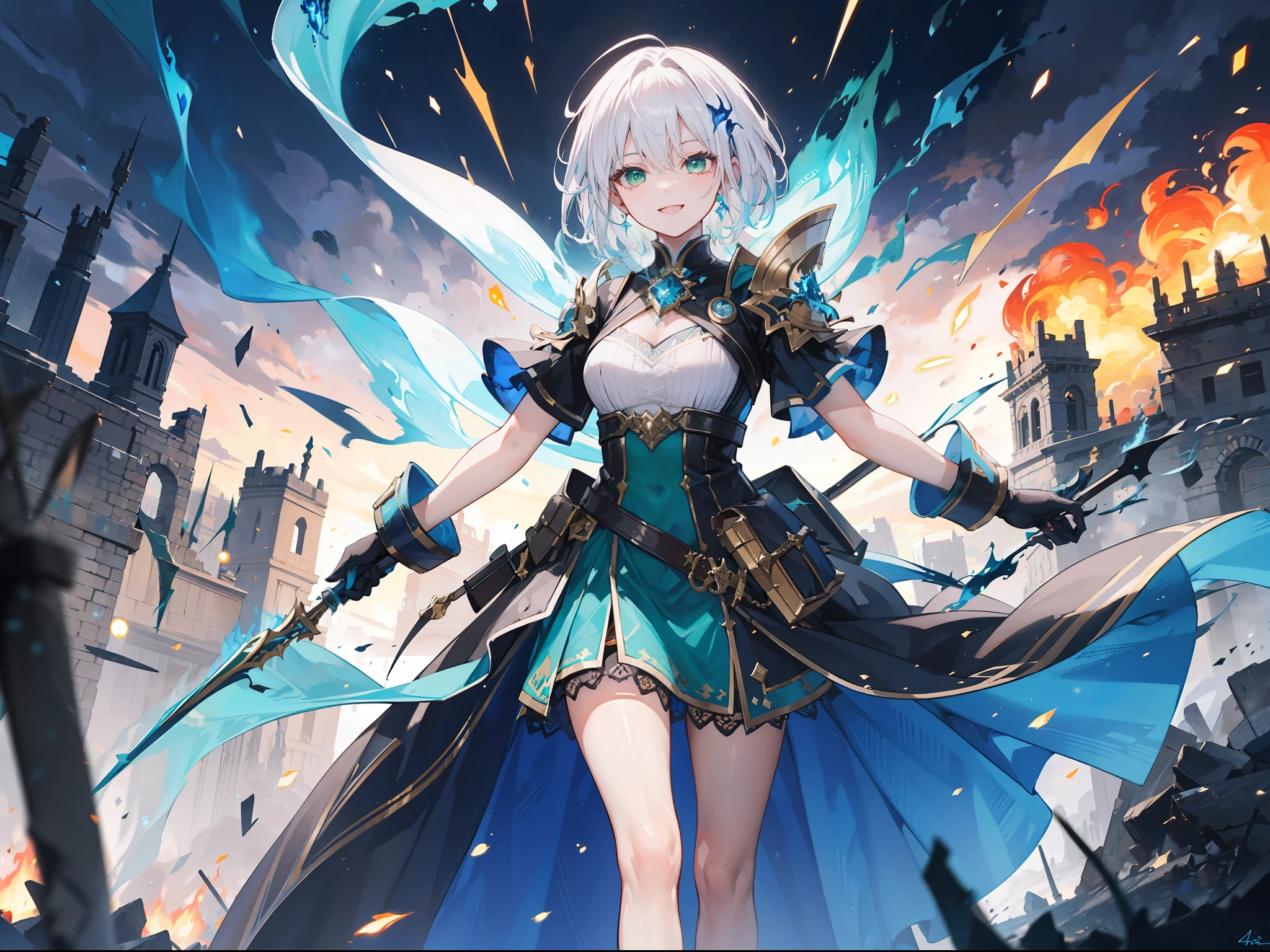 "4k Epic Fantasy Scene: There one short white haired with green eyes human standing with smile in the midst of a chaotic battlefield, she look very enthusiastic and happy while holding a blue flames, holding a blue flames."