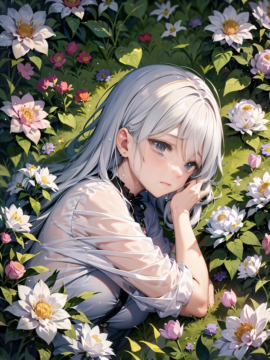 ，masterpiece, best quality，8k, ultra highres，In an abandoned flower field，The grieving man huddles among the flowers and grass，Tears kept slipping down。The flower darkens because of his mood，It was as if he felt the sadness in his heart。