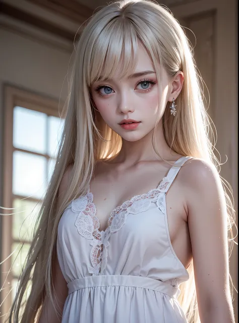 platinum-blonde-hair、Long straight hair、long bangs that hide the face and eyes,、Blue big eyes、Transparent white and wet nightgown、Nordic youth、perfect bodies、White muscle、glowy skin、Young and beautiful skin、Perfect beautiful beautiful small face、Bright mak...
