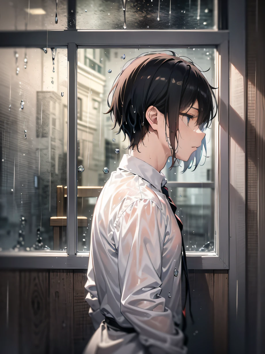 ，masterpiece, best quality，8k, ultra highres，On a dark, rainy night，A  man stands by the window gazing out into the outside world。Rain slipped on the glass，Blurred the view outside the window，It resonates strangely with the pain in my heart。
