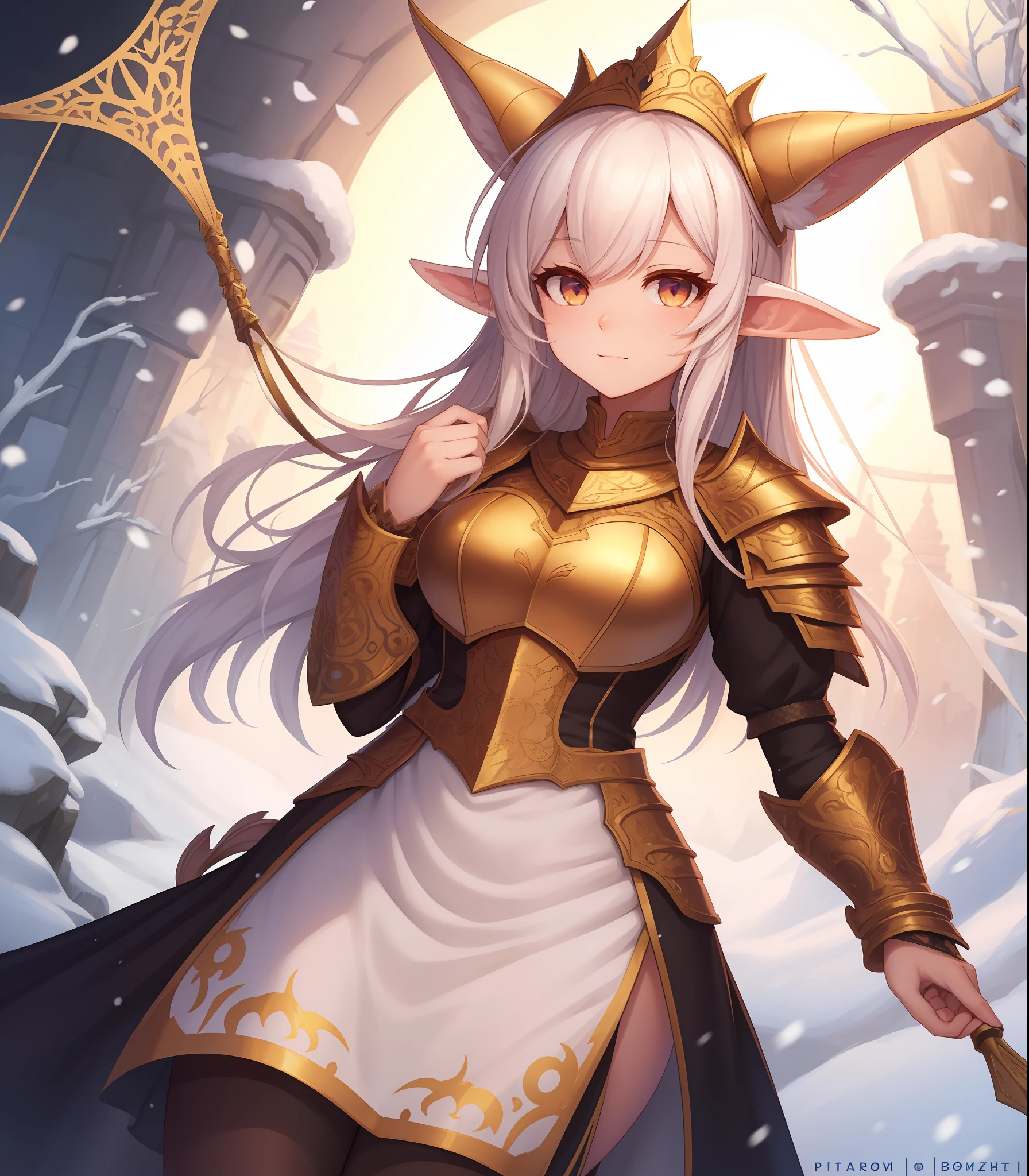Barometz monster girl, sheep horns and ears, white fluffy hair with golden headpiece resembling an intricate plate of armor, pink and white Snow Kite Elf dress, peaches all around, best quality, masterpiece