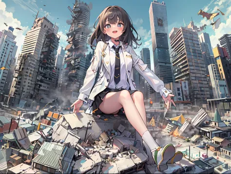 1girl, 16 years old, nice hands, two legs, five fingers, full body, bigger than buildings, suit, white shirt, destroyed building...