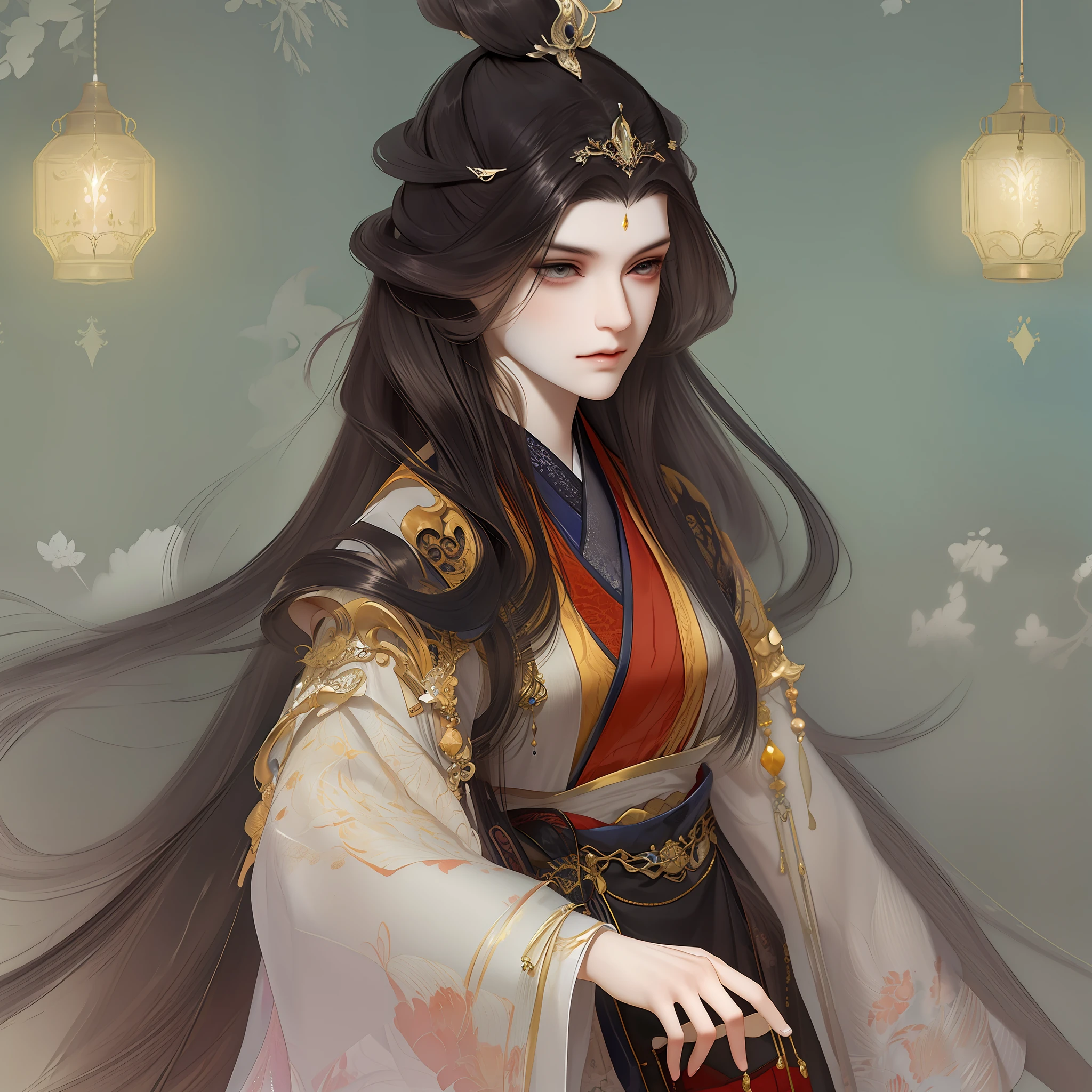 best qualtiy，tmasterpiece，highly detailed wallpaper，1 woman、pretty eyes，Character standing drawing，malefocus，brunette color hair，long whitr hair，Kingly temperament，详细的脸，gorgeous hair accessory，Reasonable structure，Hanfu，超高分辨率，sketching，ink wash style