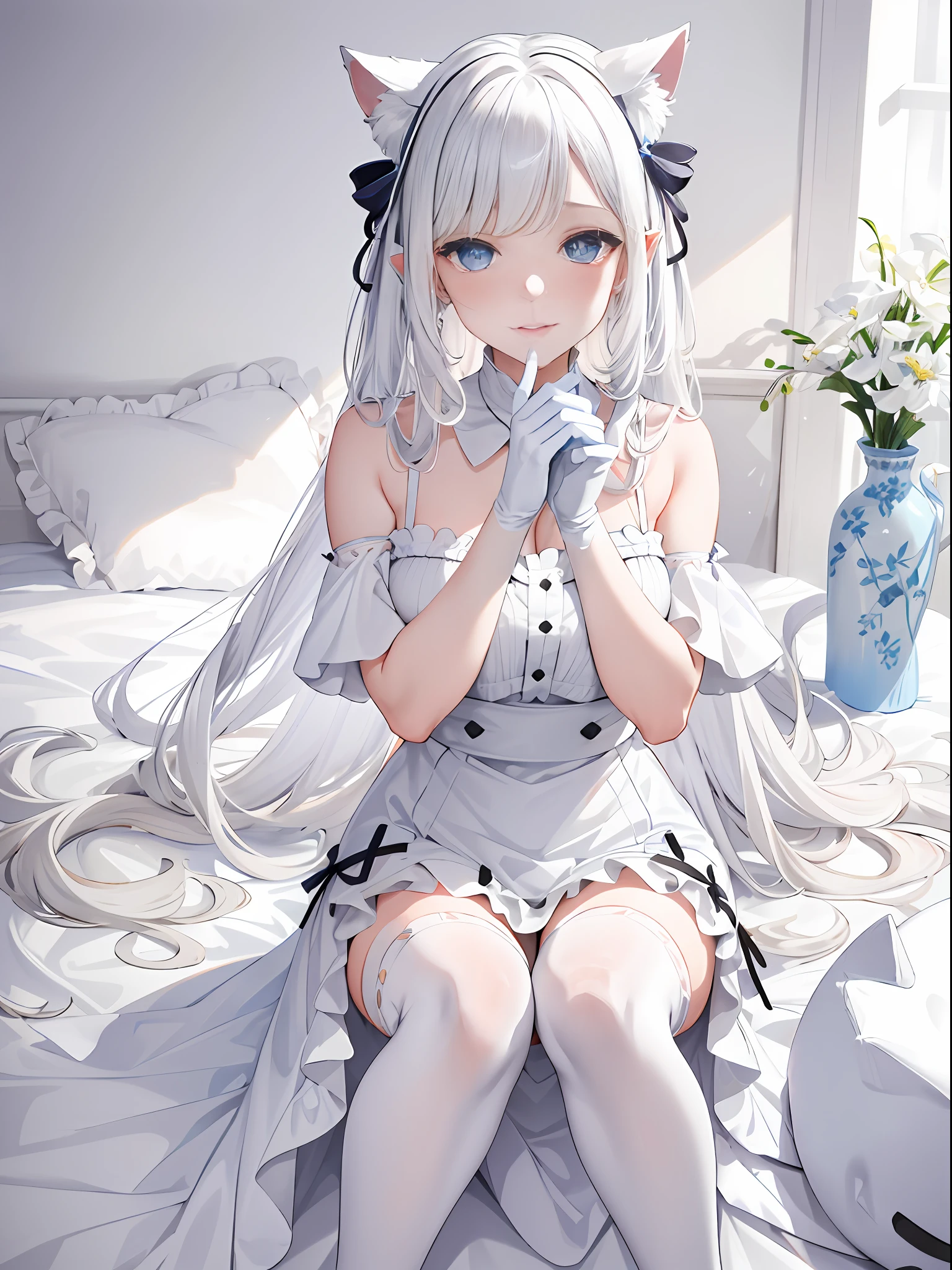 Lazy wind，wide blue eyes，White hair，Dull hair，Beast-eared maiden，White tones，sitted，1girll，Solo，adolable，white dresses，Big hazy eyes，Facial details are exquisite，Beth，onbed，Impeccable，Cute pose，Plush cat's paw gloves，Shy laugh，The complexion is reddish，White stockings