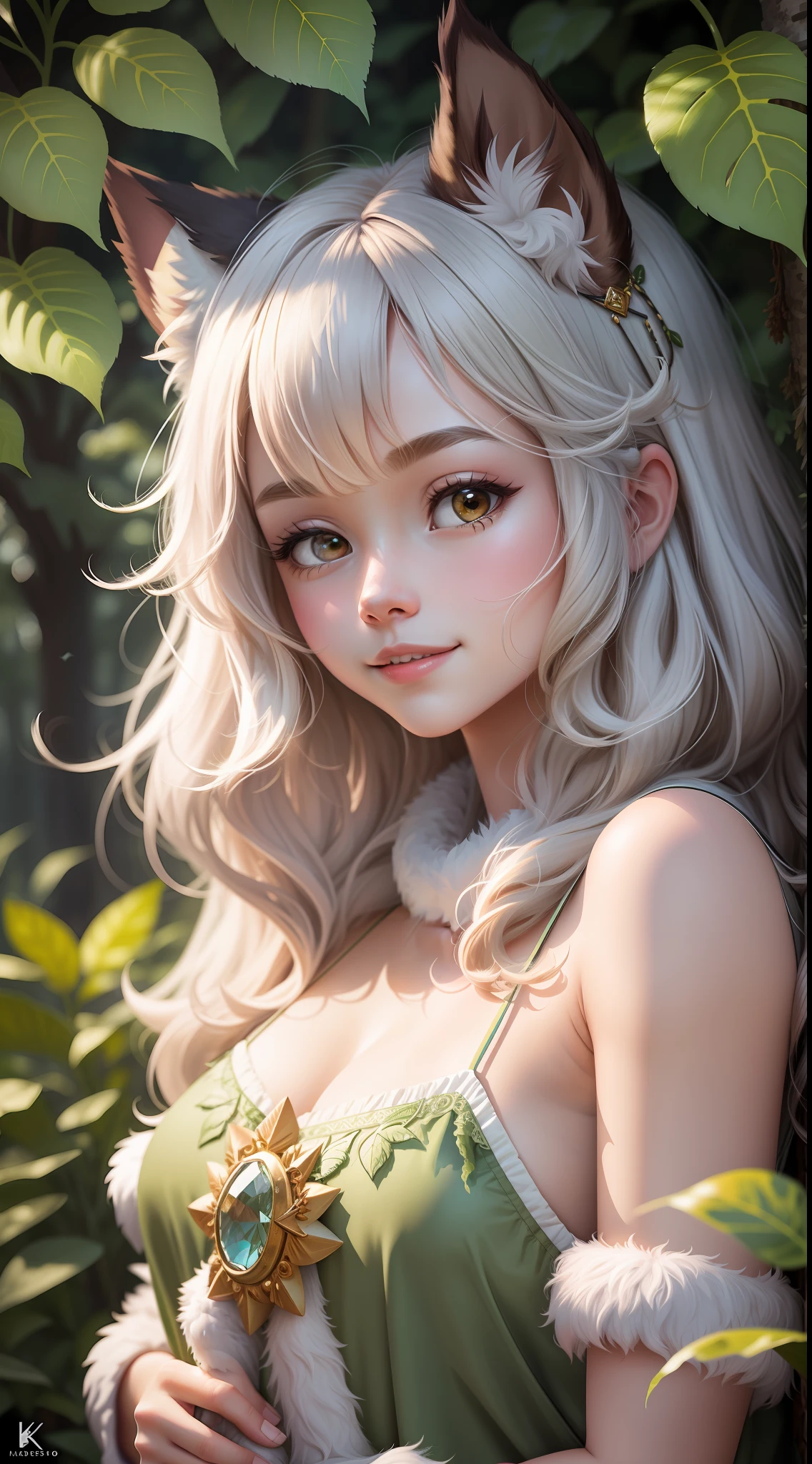 Elora fluffy, Detailed and extremely fluffy body fur, fluff, Masterpiece, Looking at the beautiful surroundings, Detailed background, Happy, Leaf dress, 64k