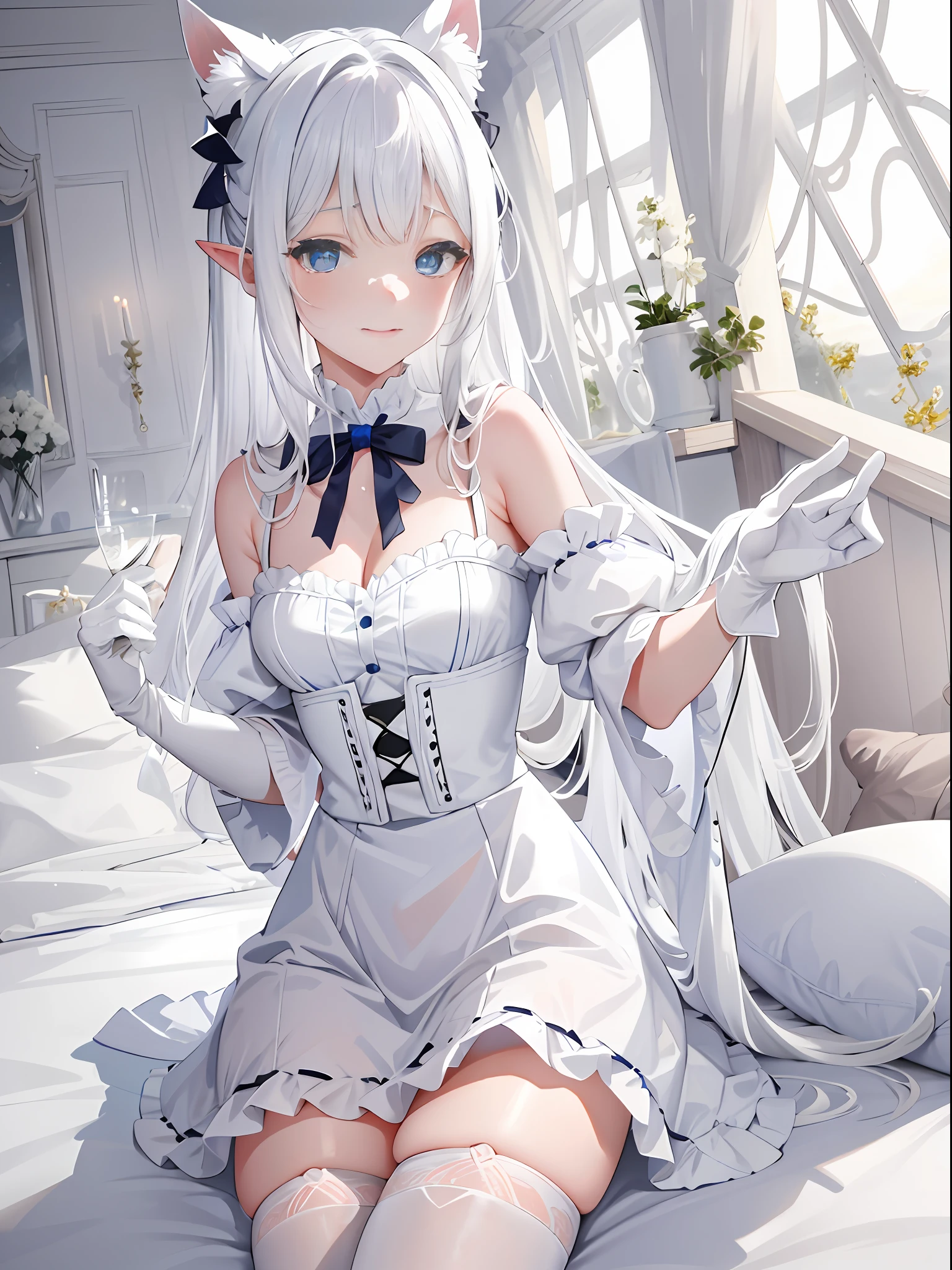 Lazy wind，wide blue eyes，White hair，Dull hair，Beast-eared maiden，White tones，sitted，1girll，Solo，adolable，white dresses，Big hazy eyes，Facial details are exquisite，Beth，onbed，Impeccable，Cute pose，Plush cat's paw gloves，Shy laugh，The complexion is reddish，White stockings