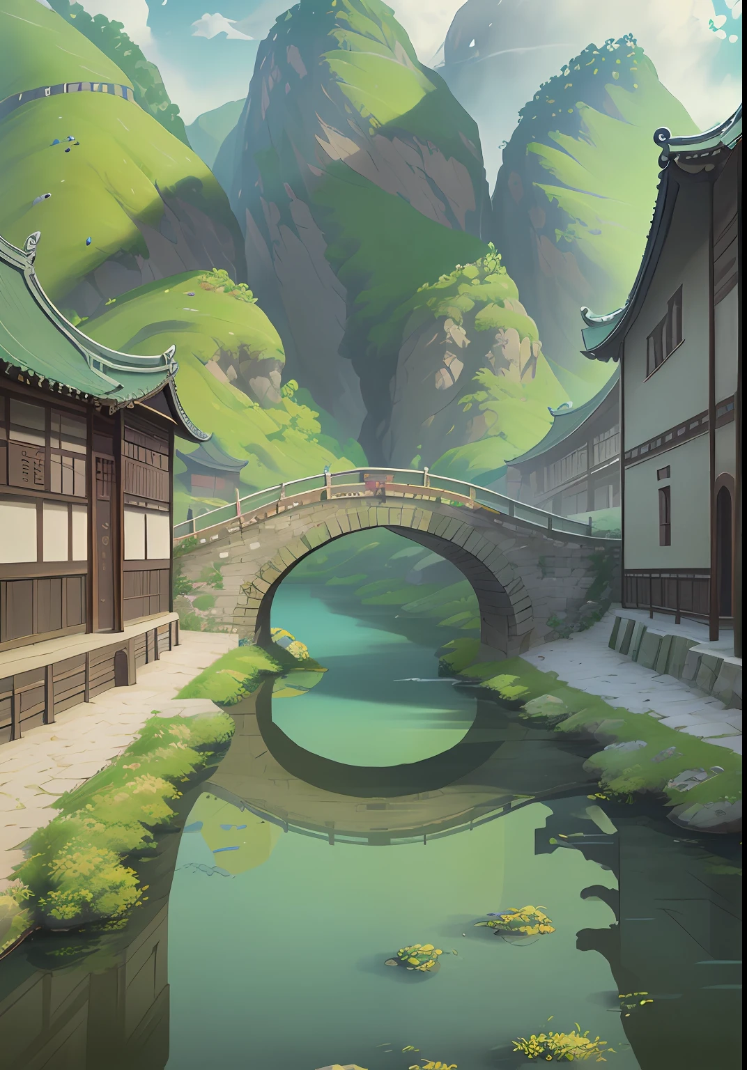 There is a painting of a bridge over a river in a mountain area - SeaArt AI