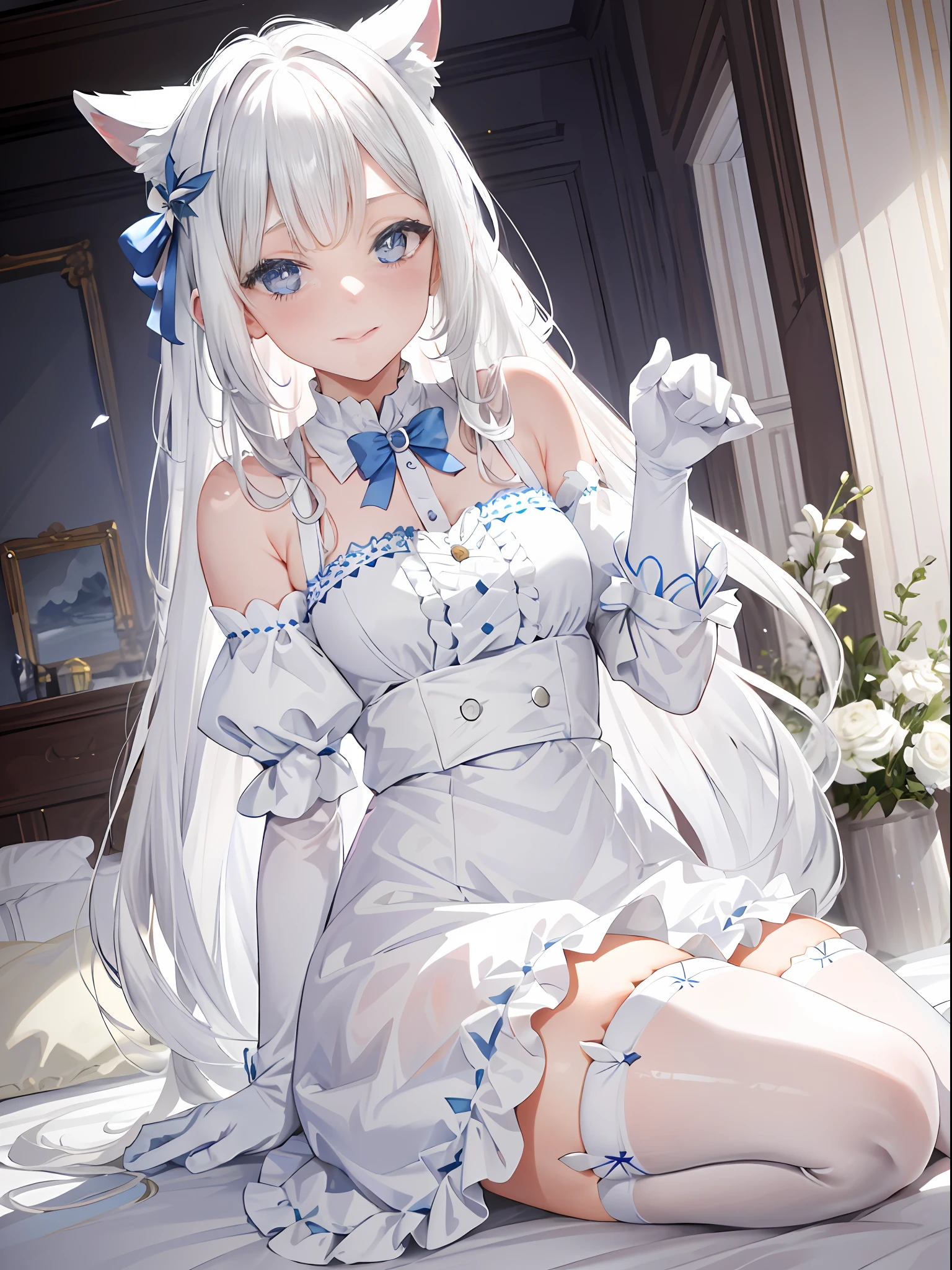 Lazy wind，wide blue eyes，White hair，Dull hair，Beast-eared maiden，White tones，sitted，1girll，Solo，adolable，white dresses，Big hazy eyes，Facial details are exquisite，Beth，onbed，Impeccable，Cute pose，Plush cat's paw gloves，Shy laugh，The complexion is reddish，White stockings