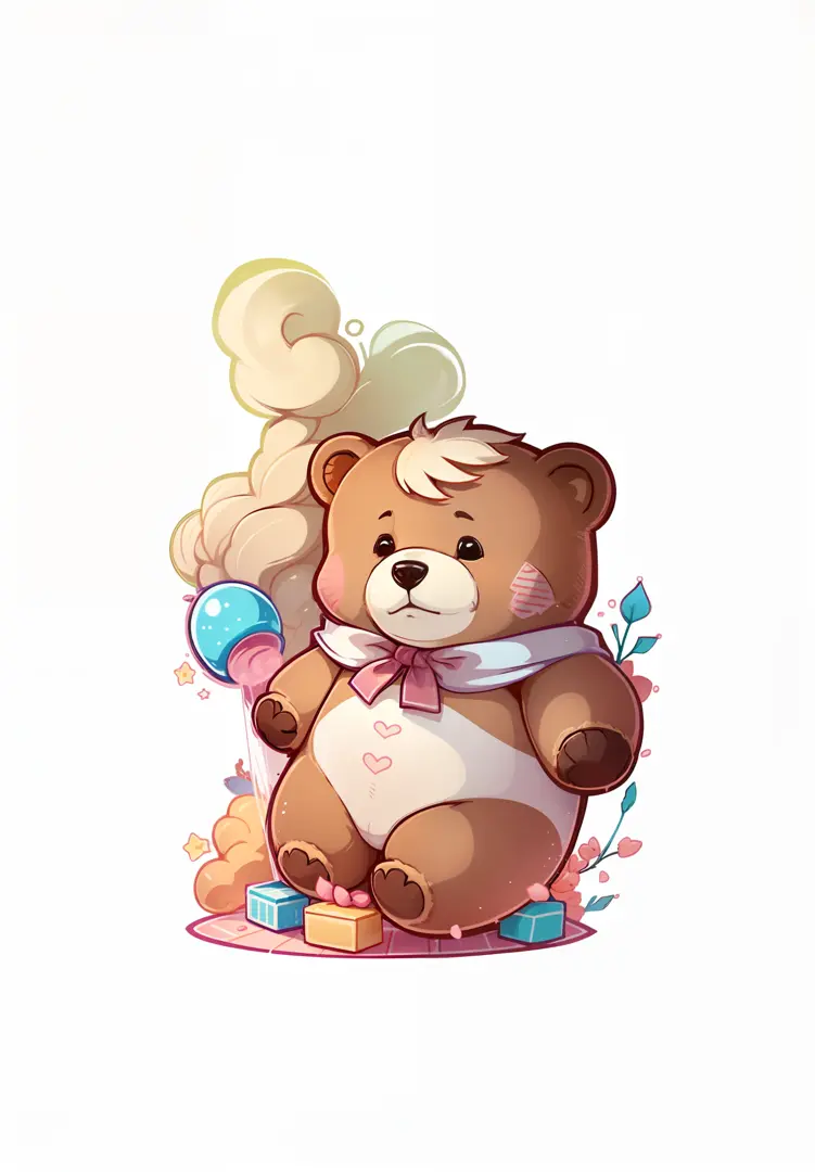 Cute bear doll，Flat illustration style，The lines are clear and simple，Bright colors，white backgrounid，The bear doll is pink，hairy pubic，Clear lines，Clear illustrations