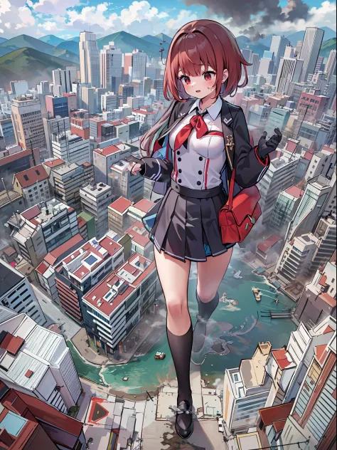 jk school uniform, giantess, 160 meters high girl, giga, black long hail,red eyes,big breasts, black gloves, broken wall,buildin...