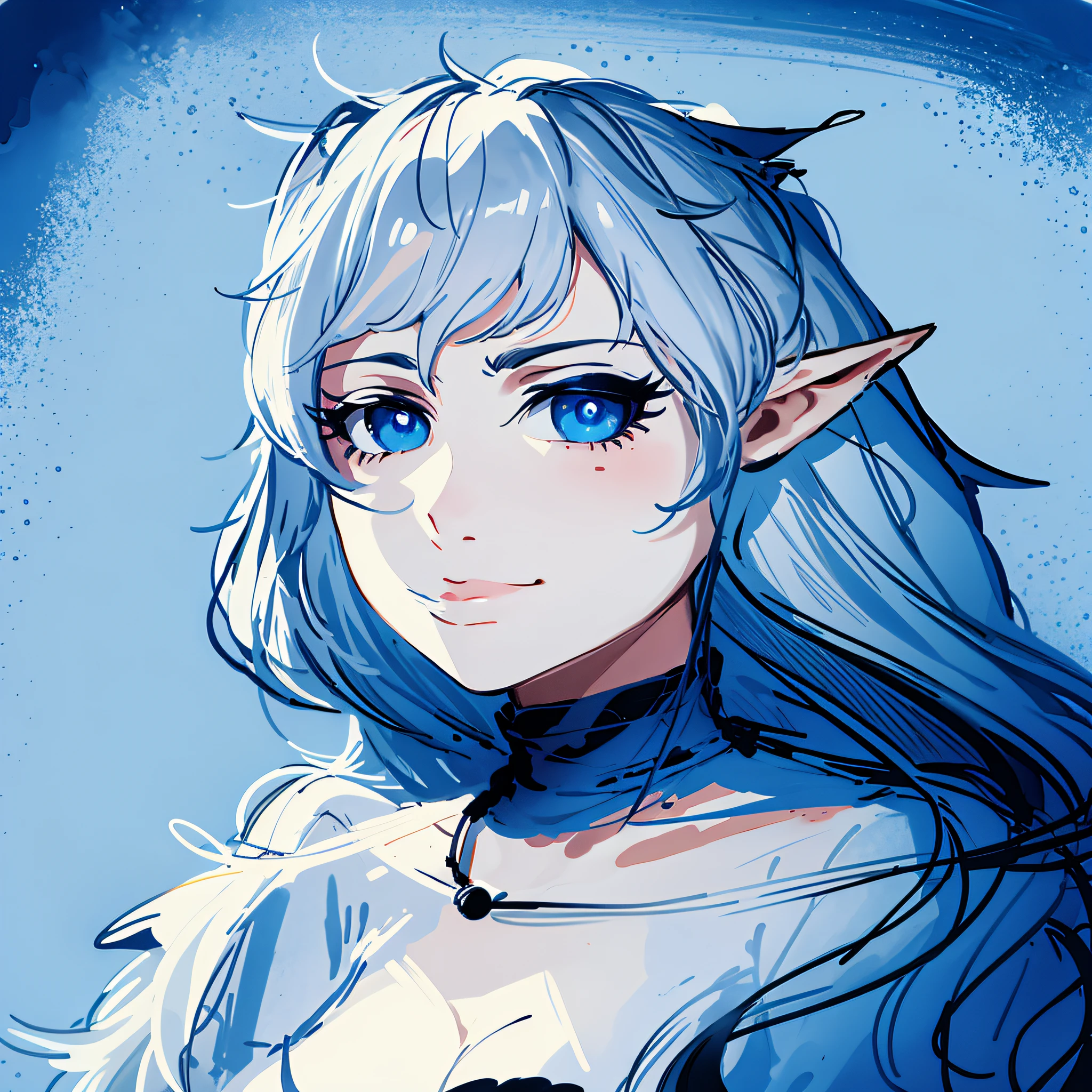 Drawing of a girl with long gray hair and a hand on her chest, Simple lineart, thick lineart, Paint, elven character with smirk, lineart, Purely linear, Pure anime sketches, portrait of an elf, perfect lineart, thick black lineart, Portrait of DND, Portrait of Tiefling, Portrait of DND, Blue beautiful eyes, Around the neck is a choker with the moon, watercolor shadows and light beautiful hair, highlights in the eyes