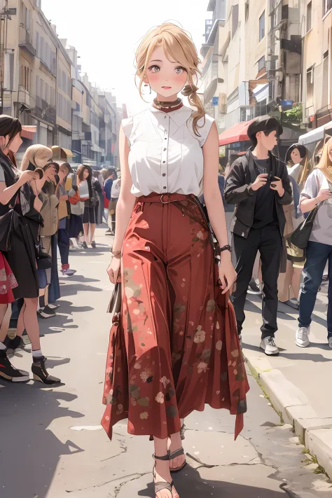 mature woman, s the perfect face，blushlush，beige hair，pony tails，wear vintage light red cake pants，rose red wide-leg pants，patte...