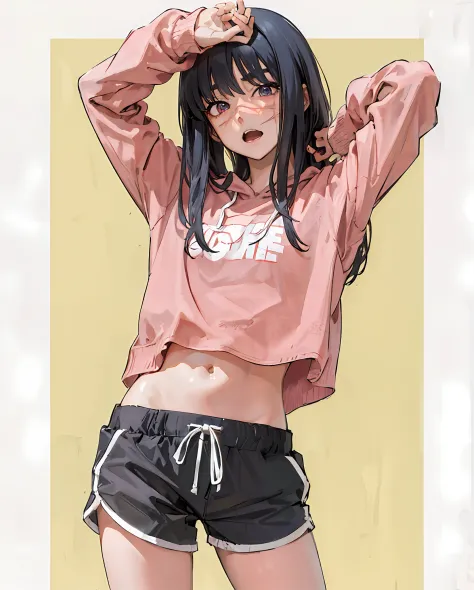 anime girl in pink shirt and black shorts posing for picture, anime moe artstyle, black haired girl wearing hoodie, anime visual...