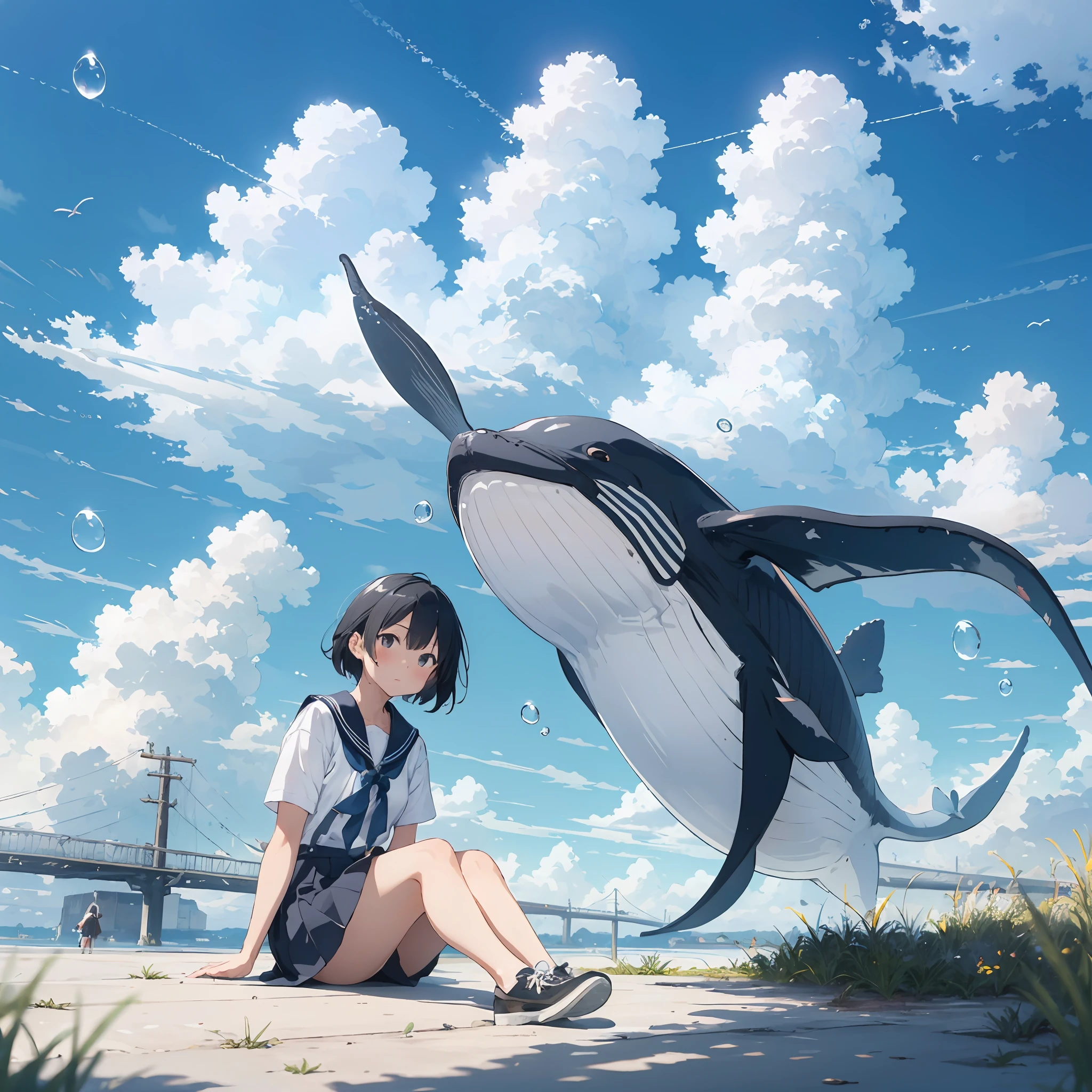 pastel color,
1girl, short hair, skirt, shirt, black hair, 1boy, sitting, white shirt, short sleeves, outdoors, sky, shoes, pants, cloud, sailor collar, bag, from behind, blue sky, ground vehicle, fish, bubble, blue theme, facing away, wide shot, train, surreal, whale,
nsfw, sexy,