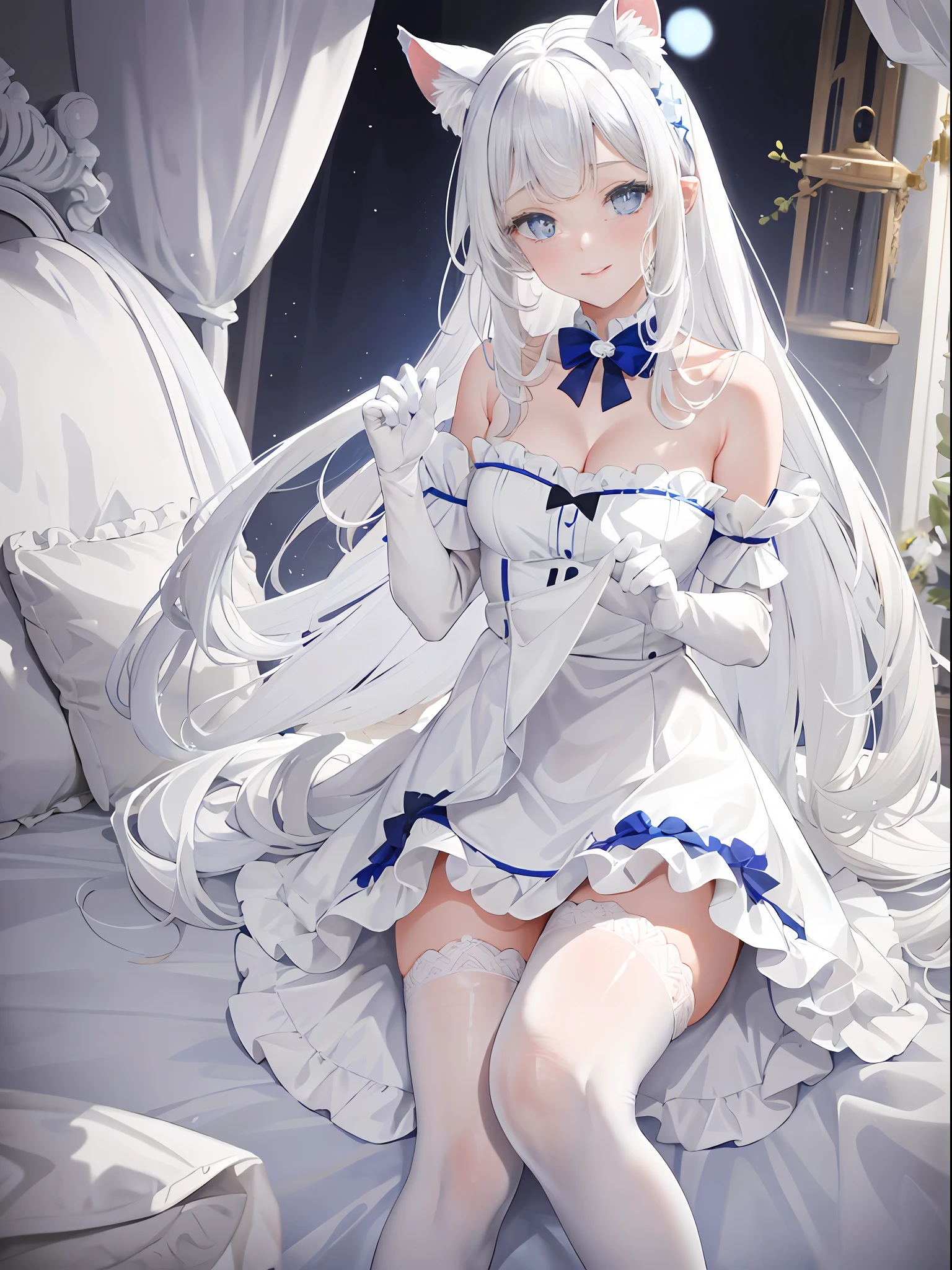 Lazy wind，wide blue eyes，White hair，Dull hair，Beast-eared maiden，White tones，sitted，1girll，Solo，adolable，white dresses，Big hazy eyes，Facial details are exquisite，Beth，onbed，Impeccable，Cute pose，Plush cat's paw gloves，Shy laugh，The complexion is reddish，White stockings