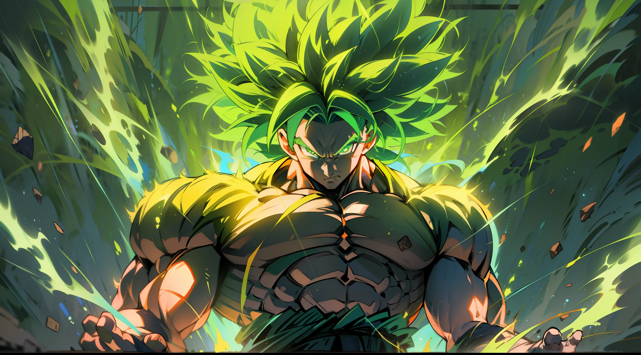 Broly transformándose en el legendario Super Sayan rodeado de aura verde y relámpago de cuerpo completo disparó grandes músculos cargando potencia, 4k, pelo verde, pupilas amarillas, Detalles altos, épico, cinematográfico, Luz tenue,