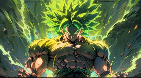 Broly transforming into the Legendary Super Sayan surrounded by green Aura and lightning full body shot big muscles charging up ...