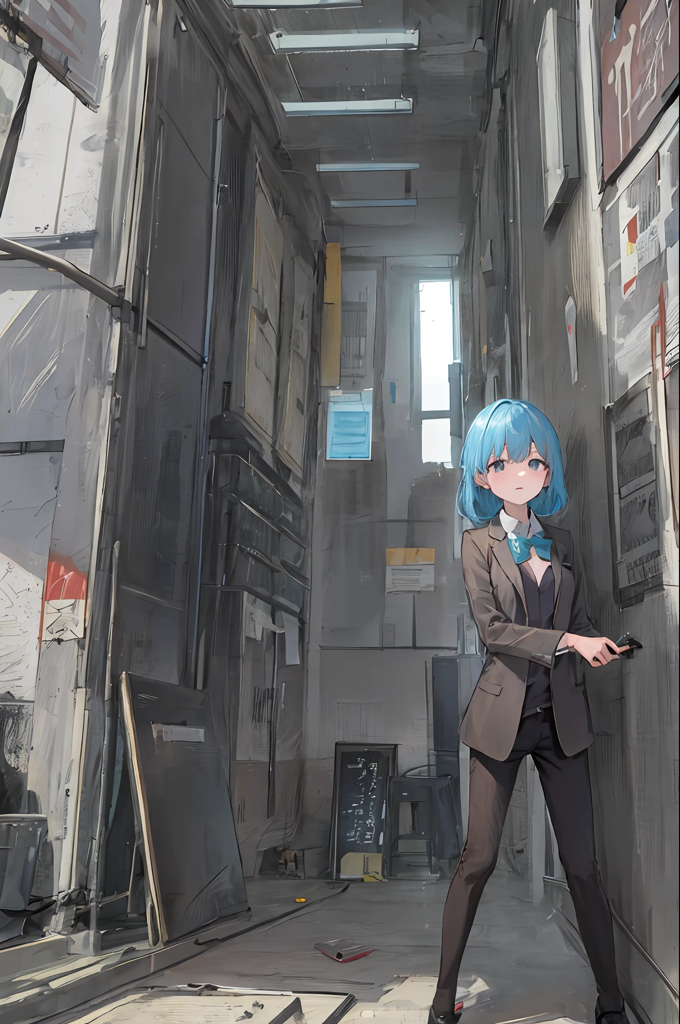 Girl, cool , light blue hair, green eye, wear a suit, Noble