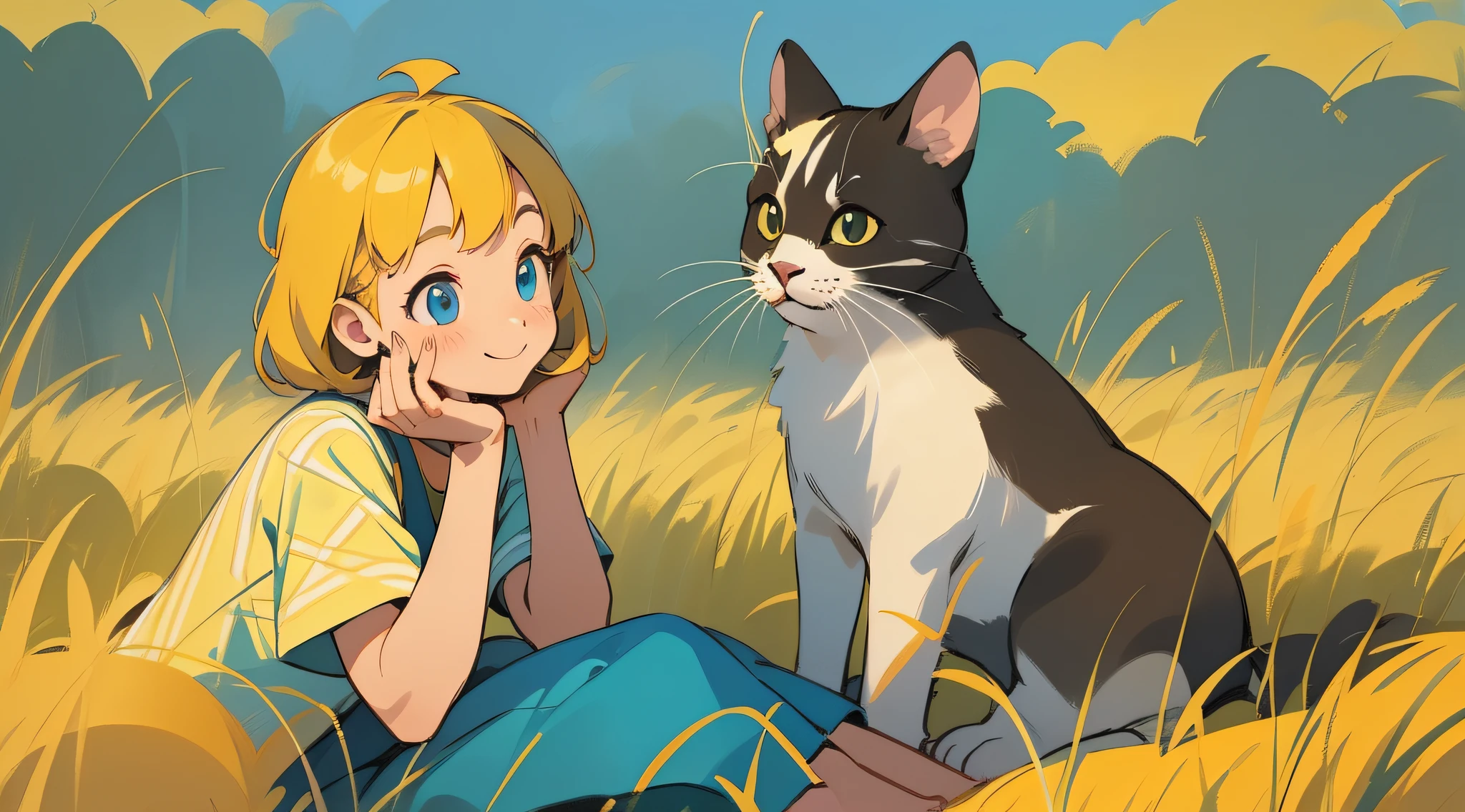 황금빛 논에 앉아 쉬고 있는 소녀，미소，고양이 1마리와 놀아주세요，새，잔디밭，피크닉 천，파란 하늘，백운，손으로 그린 그림，따뜻한 색상 팔레트