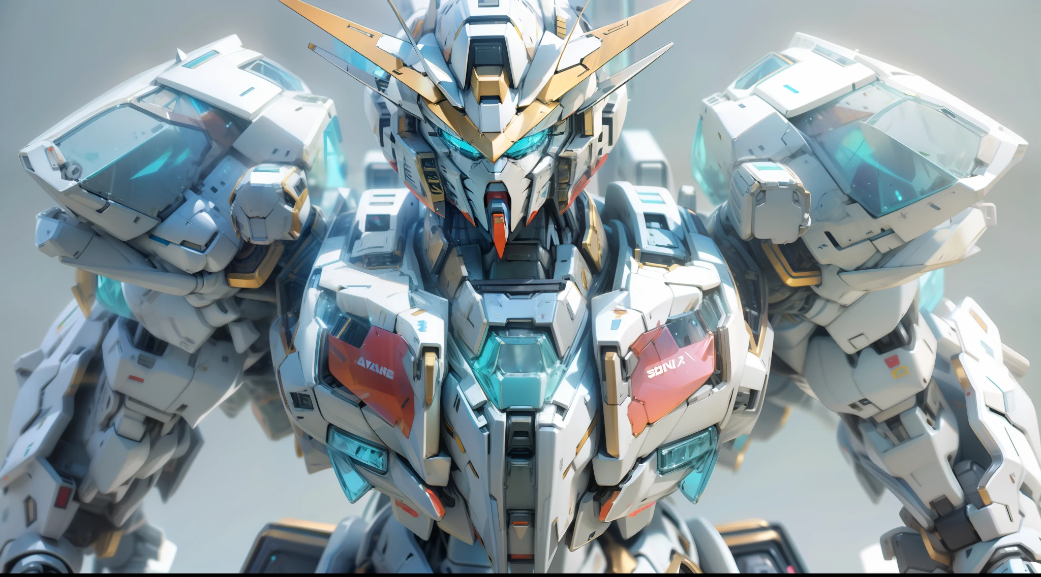 Clear glass gundam robot, silver ice color reflected armor, high detail gundam robot face, full body view, holographic artefacts, every part extremely detailed, high quality, 3D rendering