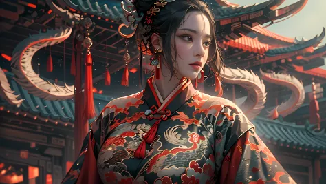 Full HD rendering + 3d octane render + Unreal Engine 5 graphics 4k UHD + huge detail + Dramatic lighting + well-illuminated + 复杂 + finely detailled + rendering by octane + Ray traching + 8K + Clear focus +hight contrast，
Chinese_clothes,Cyberhanfu,on cheon...
