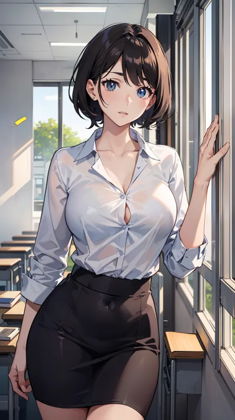 1womanl,female teacher,30s,Office Suits, Black tight skirt,White blouse, Standing,tits out,breasts,wide hips, short of a person,Beautiful face,slanted eye,Thin eyebrows,Cool Face,Black hair, Medium Hair,from the front side,Indoor,Daytime,In the classroom,A...