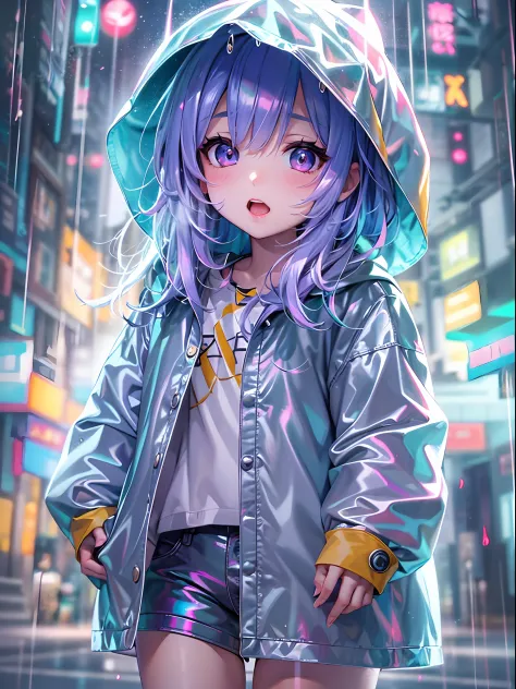 Super cute Q version baby girl Rem standing in the rain in a raincoat, illustration iridescent, magically glowing, shiny colorful, holograph, By Yuumei, Anime art wallpaper 8 K, Guviz-style artwork, Anime art wallpaper 4k, Anime art wallpaper 4 K,  Beautif...
