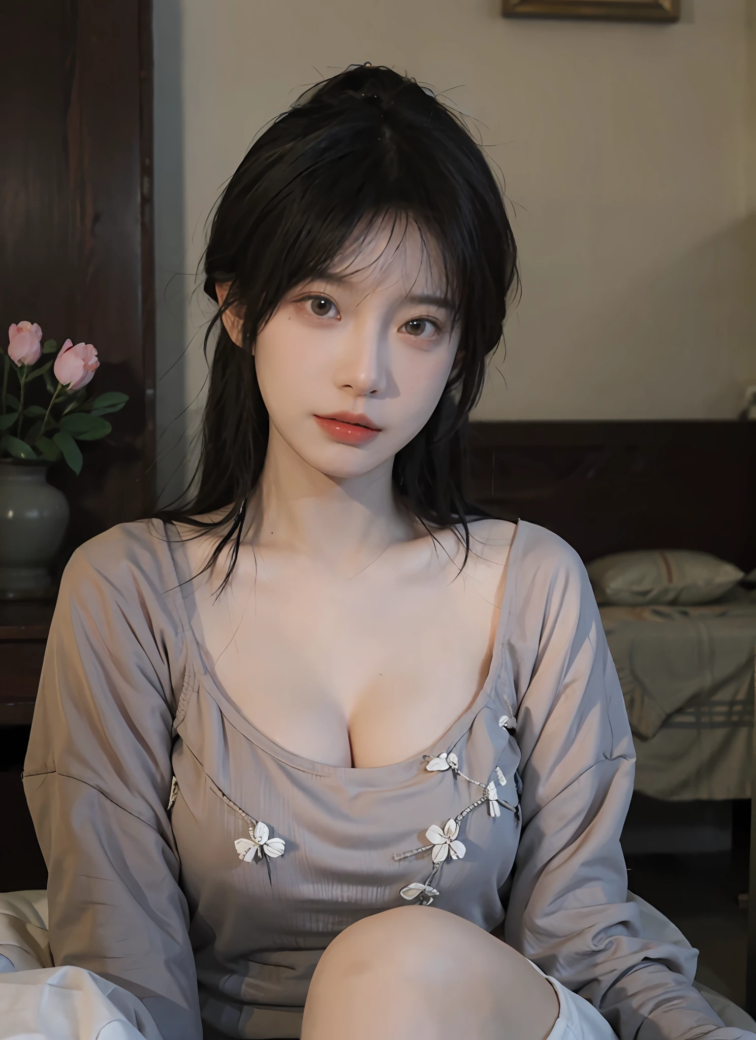 best qualtiy， 超高分辨率， （realisticlying：1.4）， one-girl， A pair of clear and moving peach blossom eyes,Royal sister，a sense of atmosphere，（Faded gray-gray hair：1）， （big cleavage breasts：1.3）， looking at viewert， closeup cleavage ，