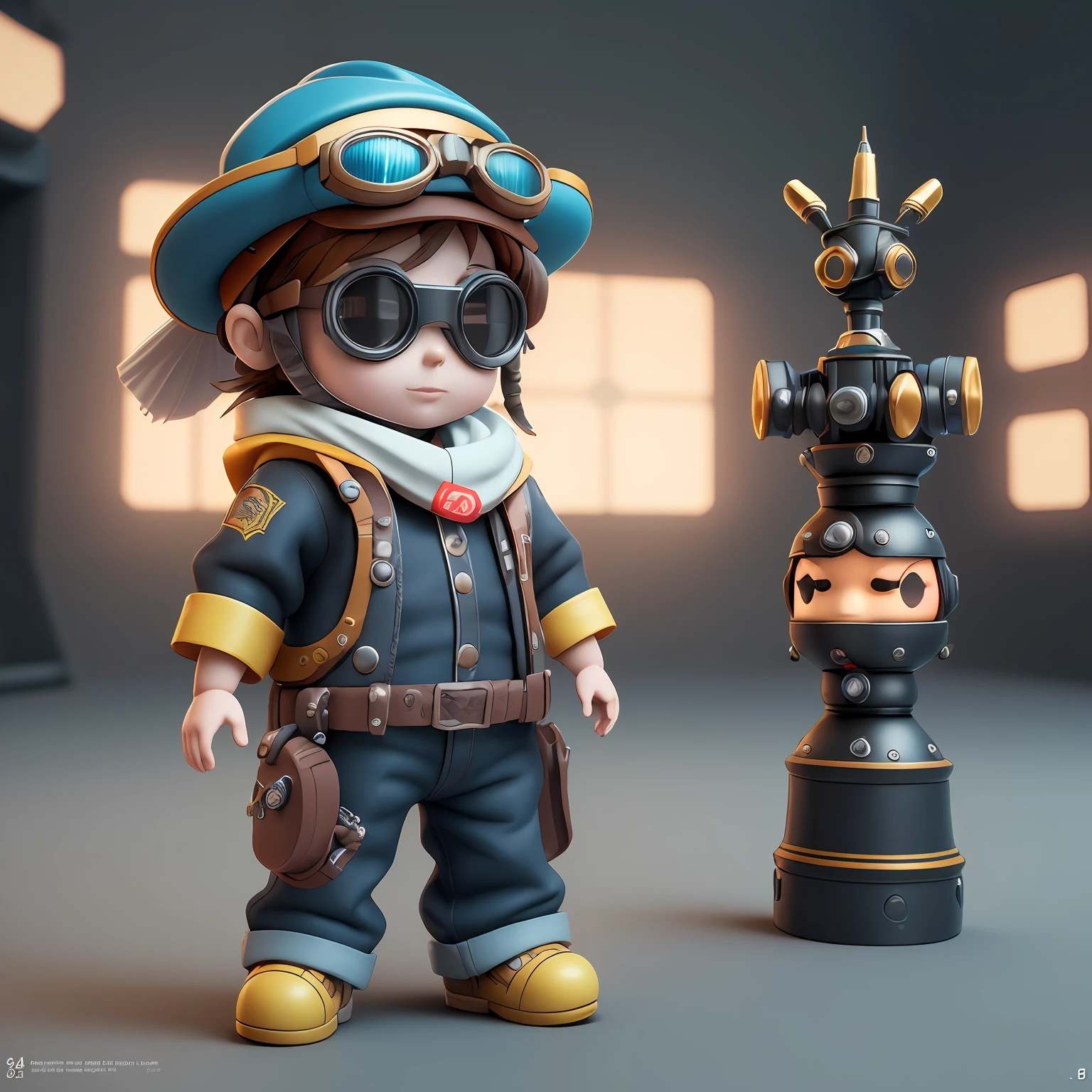 There was a toy with a hat and goggles, super detailed render, 4 k octane rendering, Personagem pequeno. Unreal Engine 5, rendered in corona, 3d 8k octan render, mega highly detailed, 8k octae render photo, the mekanik doll, trending on polycount, --auto
