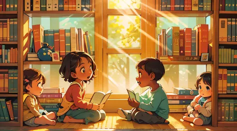 An adorable children's book cover, showcasing a group of diverse children sitting together in a cozy library, surrounded by shel...
