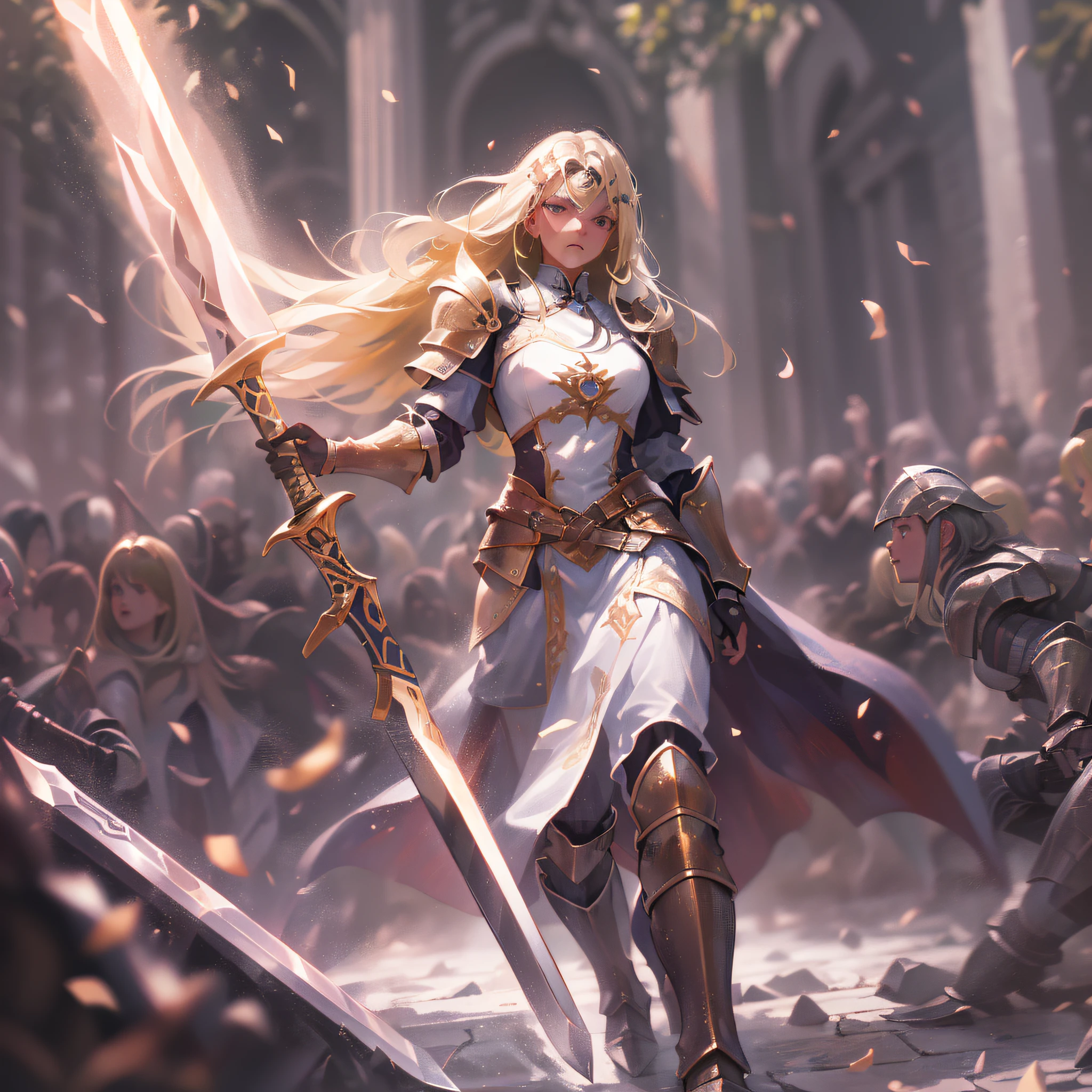 solo focus, (masterpiece), best quality, ultra-detailed, illustration, fantasy, (wide_shot:1.2), (from below, dutch_angle), (letterboxed), dutch angle, (((1 mature female warrior, (long, french blonde hair) (gloden armor, white Nordic runes) (cuish) (boots) (holding greatsword)))), walking, (a group of enemies surrounded in background:1.3), light_particles, caustics, cinematic lighting, HDR, (volumetric lighting), (blurry foreground:1.3), (sharp focus:1.1), (particleA:0.8), (in the style of dispersion) (indifference face)