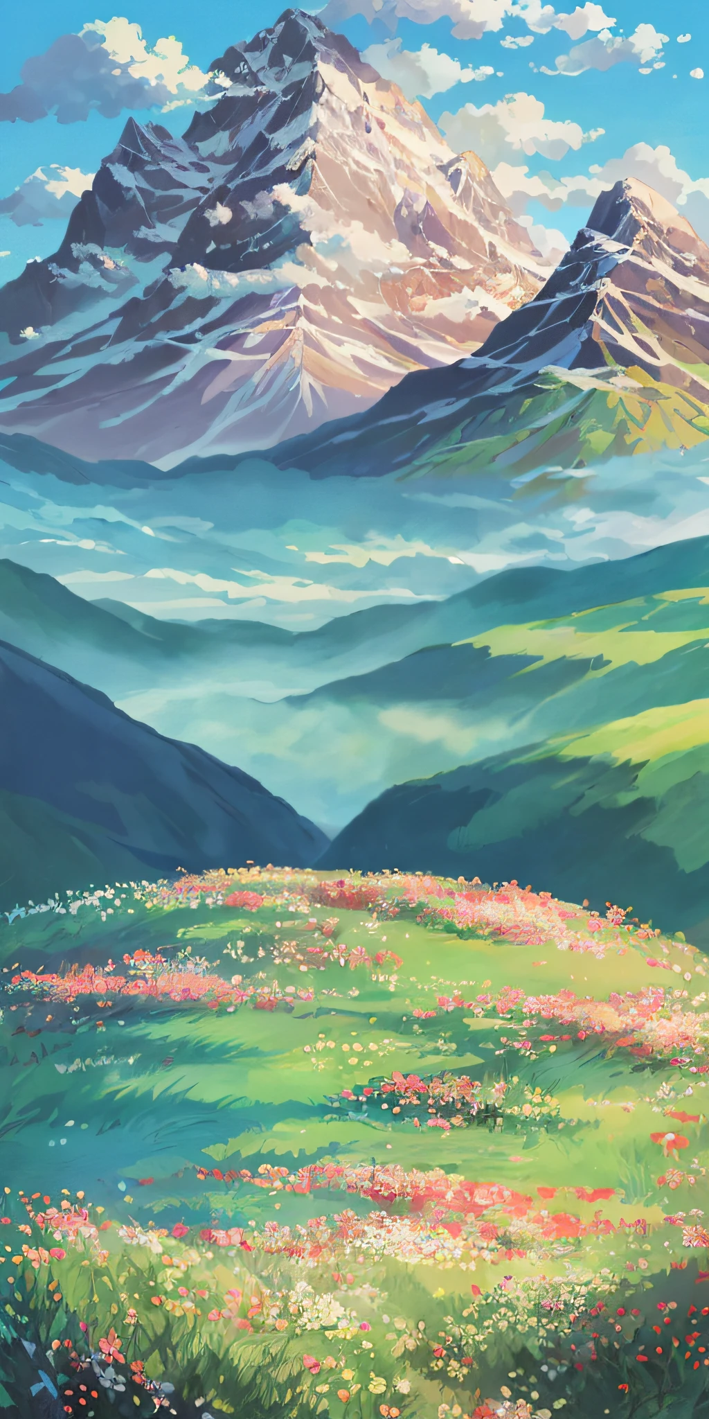 Masterpiece, highest quality, radiant flowery field between two mountains, tarot card style illustration, pure water river, few clouds, in the style of scenery, no humans, no girl, no boy, no man, no woman