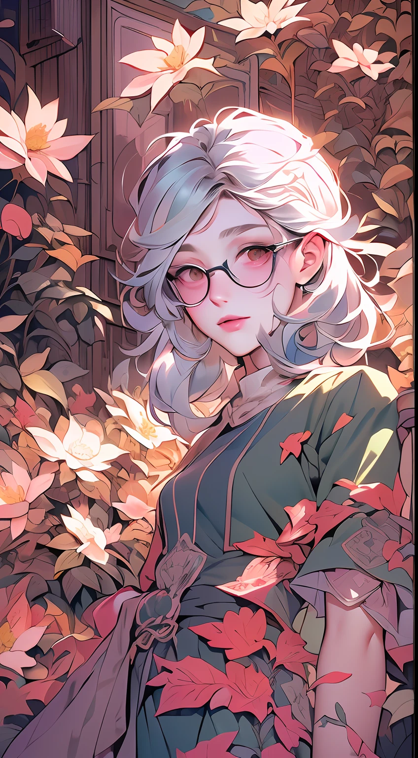 drawing of a woman with blue parted shoulder length hair and glasses with flowers in her hair,korean art nouveau anime, beautiful anime artwork, artgerm and james jean, anime art nouveau, beautiful anime art, the flower prince, a beautiful artwork illustration, detailed anime character art, digital art on pixiv, anime fantasy illustration, detailed digital anime art, beautiful fantasy anime, clean detailed anime art, 2 d anime style, decora inspired illustrations, inspired by Yumihiko Amano, anime girl with teal hair, anime style portrait, beautiful anime art style, portrait of jinx from arcane, manga art style, anime style illustration, anime art style, extremely fine ink lineart, black and white manga style, black and white line art, ink manga drawing, intense line art, pencil and ink manga drawing, intense black line art, in style of manga, exquisite line art, perfect lineart,exquisite line art, exquisite digital illustration, detailed digital drawing, black and white coloring, digital anime illustration, a beautiful artwork illustration, detailed matte fantasy portrait, beautiful,(Daylight,autumn, Best quality, 8k, Masterpiece :1.3)), Whole body, Long legs, Sharp focus :1.2, A pretty woman with perfect figure wearing smart haute couture dress :1.4, Slender abs :1.1, ((Dark brown hair, small breasts :1.2)), (White tight tshirt, Jean bib, Standing:1.2), ((Night city view, Rooftop:1.3)), Highly detailed face and skin texture, Detailed eyes, Double eyelid,( watercolor \(medium\), IrisCompiet:1.2),abstract background, fantasy, many colors, wind blowing,masterpiece, best quality, (extremely detailed CG unity 8k wallpaper), (best quality), (best illustration), (best shadow), absurdres, realistic lighting, (Abyss), beautiful detailed glow,clear face, clean white background, masterpiece, super detail, epic composition, ultra HD, high quality, extremely detailed, official art, uniform 8k wallpaper, super detail, efficient sub-pixels, subpixel convolution, luminous particl