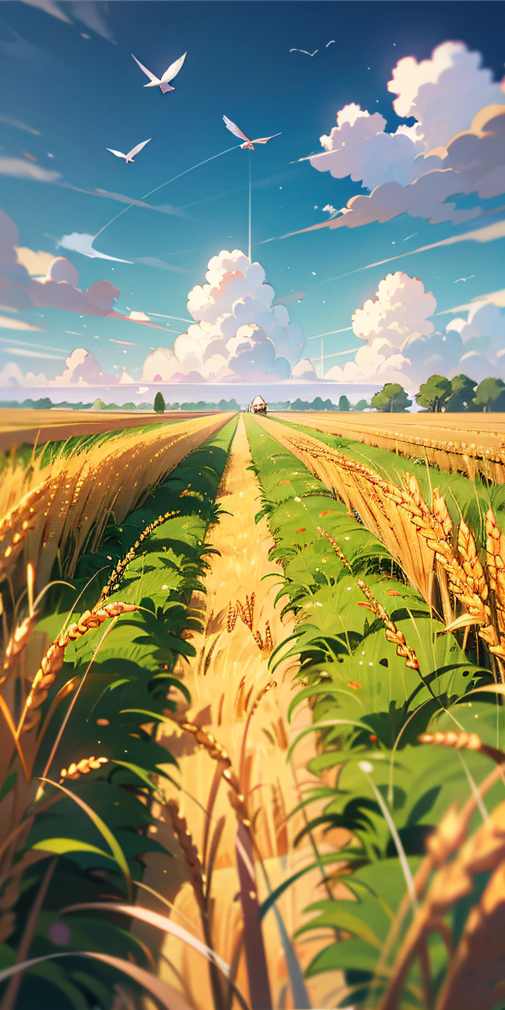 Anime landscape with wheat field and birds flying in the sky - SeaArt AI