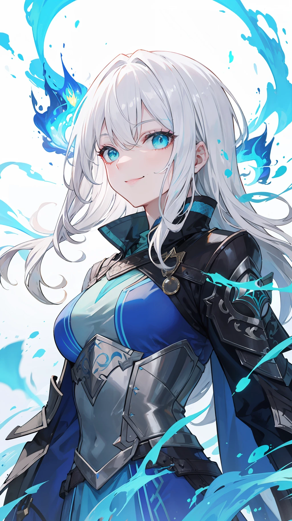 "4K epic fantasy scene: A white-haired, green-eyed human smiling stood in the midst of the chaotic battlefield, she looks happy，Holding a blue flame, Holding a blue flame."