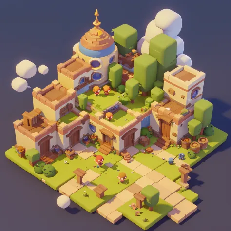 Game architectural design, cartoony, towns，Plaza，brick，grassy fields，rios，blossoms，bazaars，casual game style, 3d, blender，tmasterpiece，super detailing，best qualtiy
