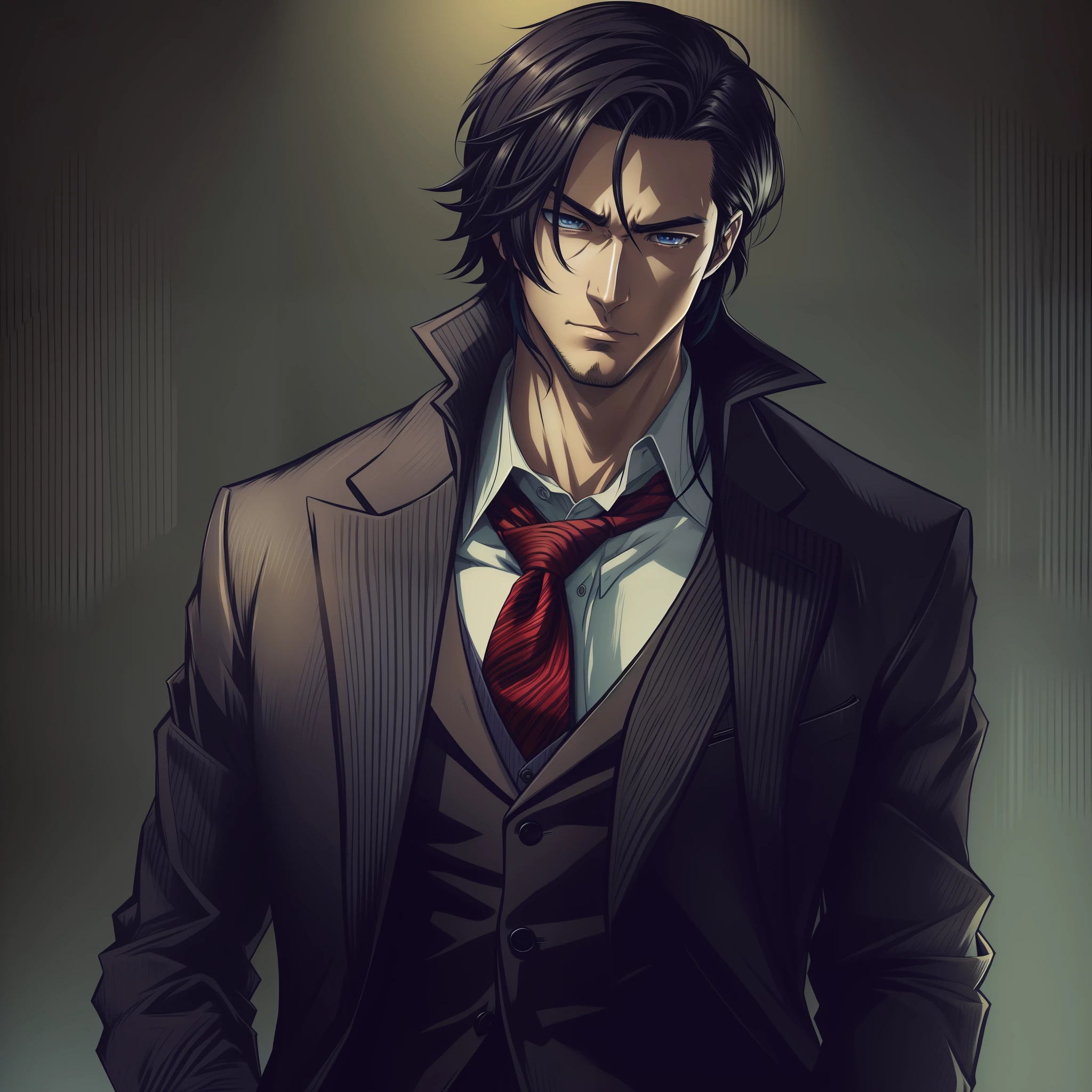 There was a man in a suit and tie standing in a dark room, handsome guy in demon killer art, Anime handsome man, Anime portrait of a handsome man, Handsome anime pose, inspired by Yamagata Hiro, Tall anime guy with blue eyes, highly detailed exquisite fanart, kentaro miura art style, made with anime painter studio, shigenori soejima illustration