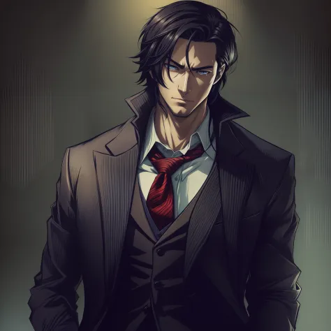 There was a man in a suit and tie standing in a dark room, handsome guy in demon killer art, Anime handsome man, Anime portrait ...