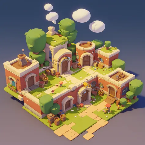 Game architectural design, cartoony, towns，Plaza，brick，grassy fields，rios，blossoms，bazaars，casual game style, 3d, blender，tmasterpiece，super detailing，best qualtiy